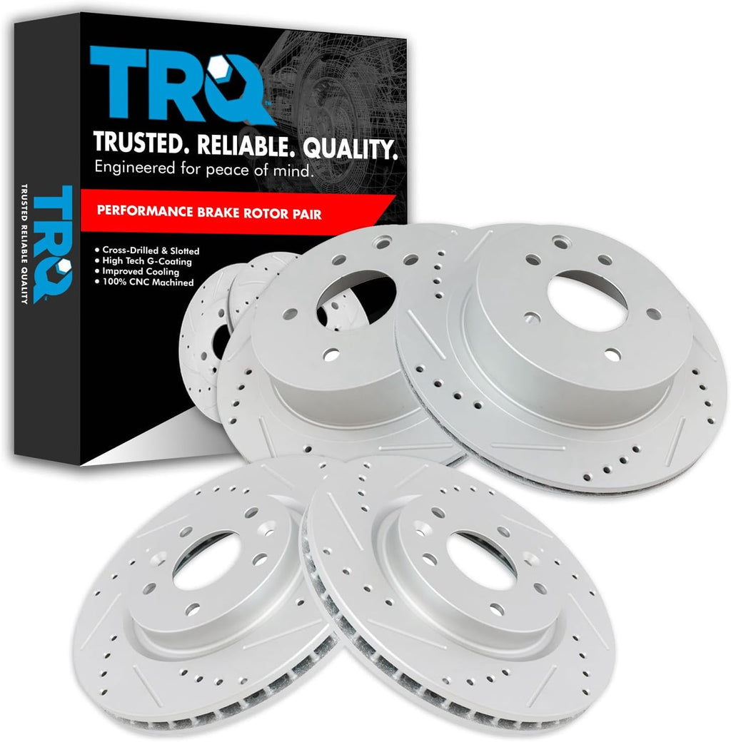 TRQ Performance Front and Rear Brake Rotor Set G Coated Drilled Slotted Compatible with 2014-2017 Nissan Leaf 2014-2020 Rogue 2017-2022 Rogue Sport