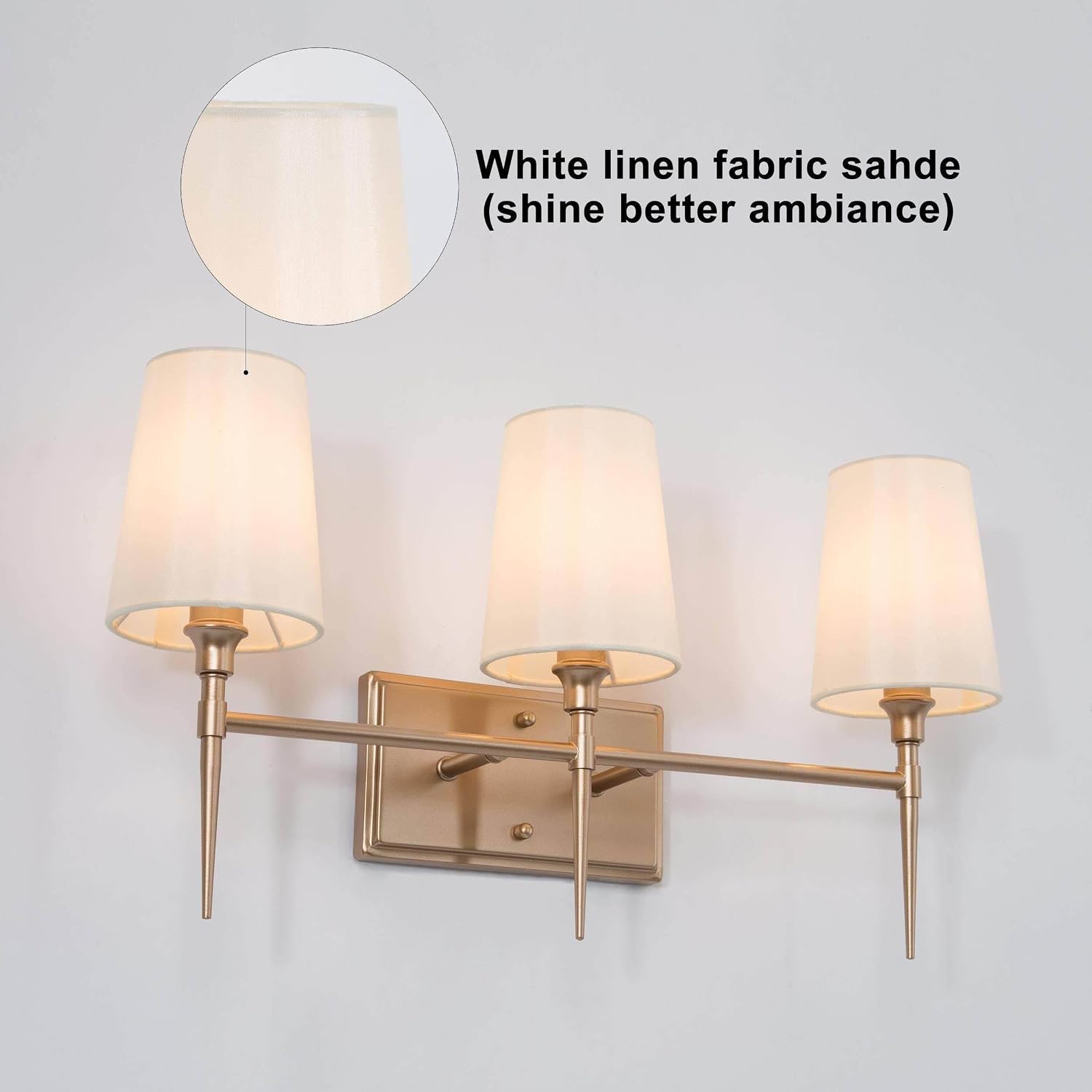Bathroom Wall Light Fixtures, 3-Light Gold Vanity Light with White Fabric Shade, Modern Wall Lamp Over Mirror for Hallway, Bedroom, Kitchen, and Living Room