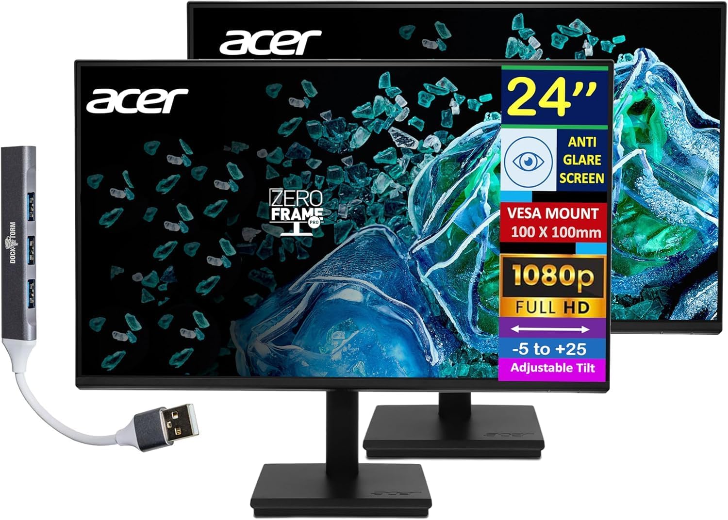 Acer Vero V7 V247 Gbmipx 24' FHD IPS Monitor with 4ms Response Time, Anti-Glare, VESA Mount (100 x 100mm), VGA, HDMI & Dockztorm USB Port Expander, Black Color (UM.QV7AA.G05) 2 Pack