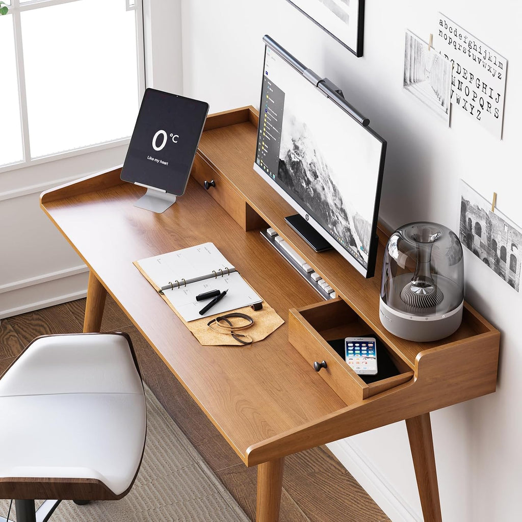 Mid Century Modern Desk, 51' Wood Home Office Writing Computer or Laptop Desk with Monitor Stand Riser and Open Storage Cubby, Vanity Desk with 2 Drawers (51.2'×25.6')