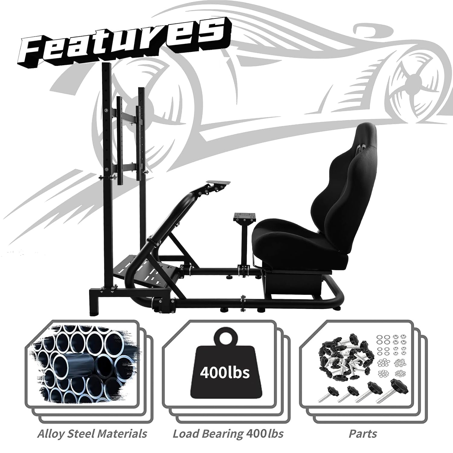 Dardoo Sim Racing Cockpit with Monitor Stand and Driving Gaming Seat Fit for Logitech G29 G920, for Thrustmaster, for Fanatec, for Xbox, for PS4, for PC, Includes only cockpit, seat and monitor stand