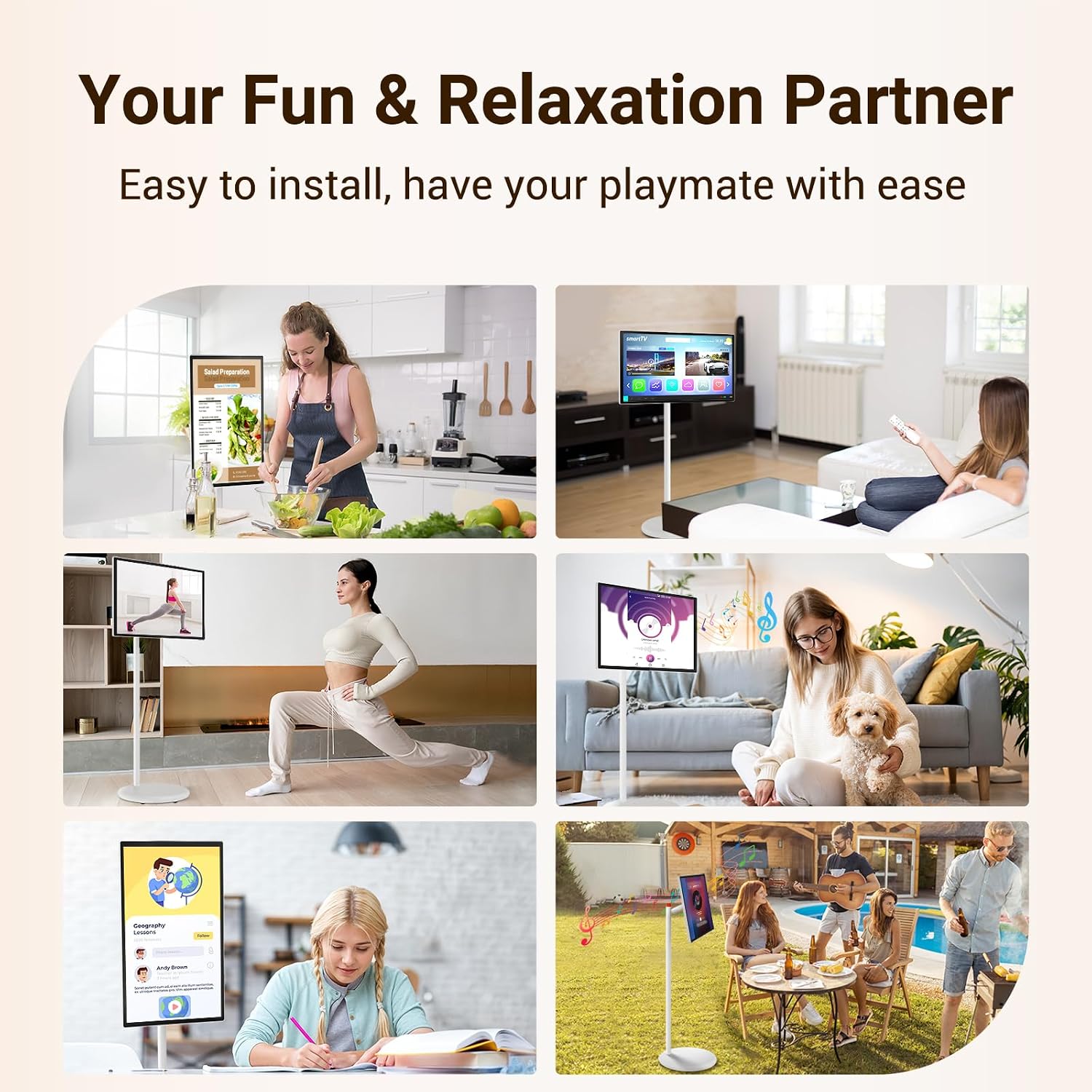 27' Rolling TV, EDLA-Certified Portable TV, Android 13, 8 GB +128 GB, Built-in 20,000 mAh Battery, 14H Playtime, Wireless Casting,10-Point Touch Screen Monitor for Home, Office, Gym
