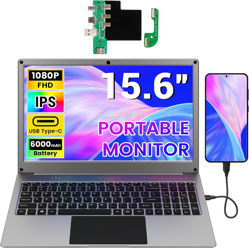 Portable Monitor with Keyboard, 15.6 Inch Lapdock Display with 6000mah Built-in Battery,CrowView Note 1080P FHD USB C Monitors with RPi5 Adapters Compatible with RPi5, PC, Phone, Mac, Game Console