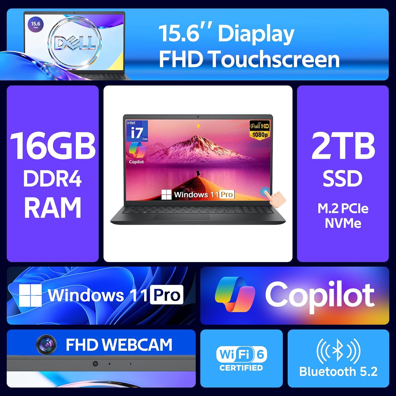 Dell 15 2026 DC15250 Touchscreen Laptop, Intel 10-Core i7-1355U, 15.6'' FHD Anti-Glare Display, 16 GB RAM, 1 TB SSD, FHD Webcam, Copilot AI, Wi-Fi 6, Win 11 Pro, for Business & Student, Carbon Black