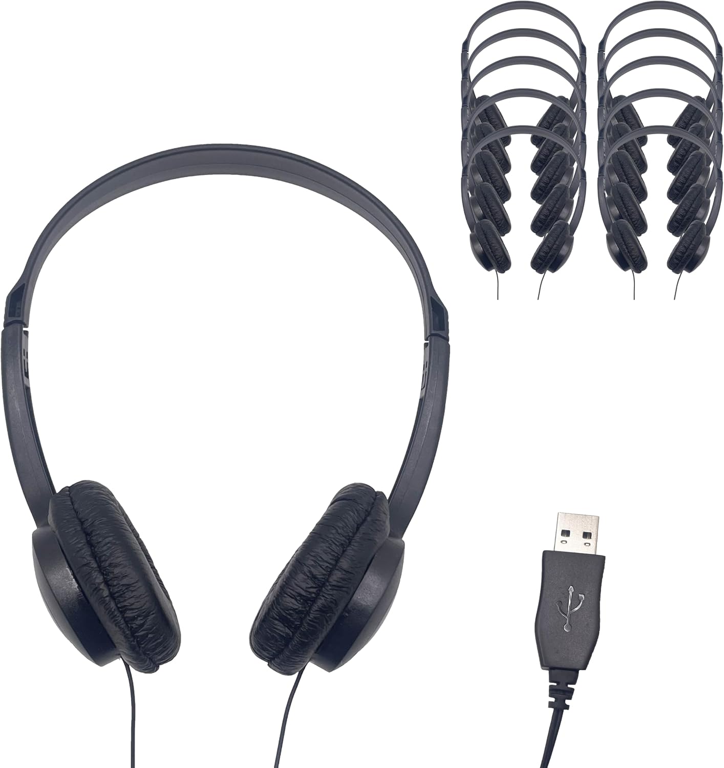 Soundnetic SN270USB Bulk School Headphones – USB Classroom Headphones with Vinyl Earcups, Durable Low‑Cost Wired Headphones for Testing, Learning, Computers, Laptops, Labs (50 Pack)