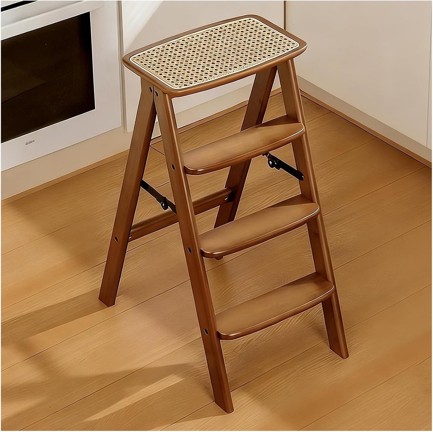 Solid Wood Folding Stool with Footrest Design Reinforced Plywood Construction Home-use Foldings Chair Triangular Load-bearing Structure Thickened Hardware Fittings Non-slip Foot Pads Rounded Edges