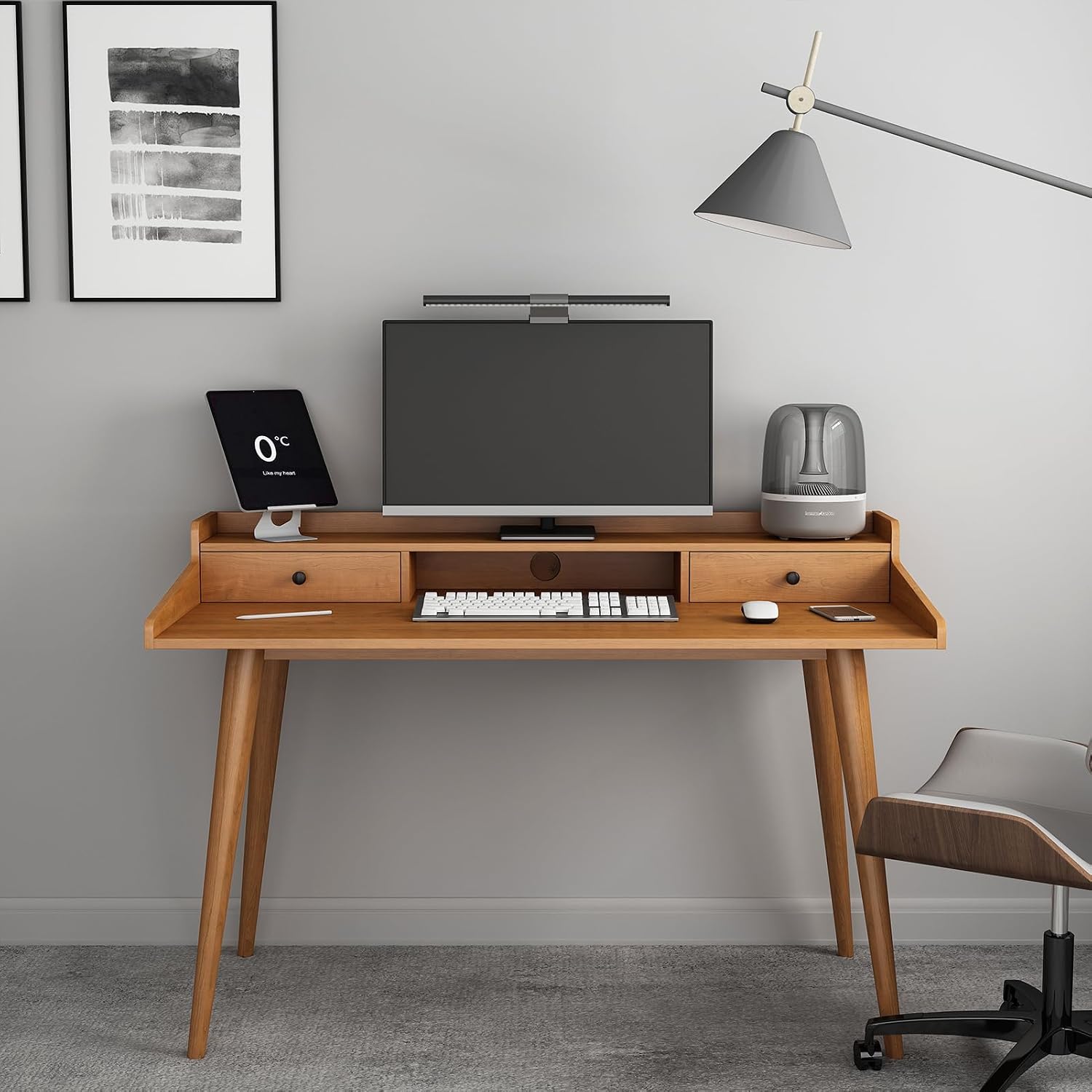 Mid Century Modern Desk, 51' Wood Home Office Writing Computer or Laptop Desk with Monitor Stand Riser and Open Storage Cubby, Vanity Desk with 2 Drawers (51.2'×25.6')