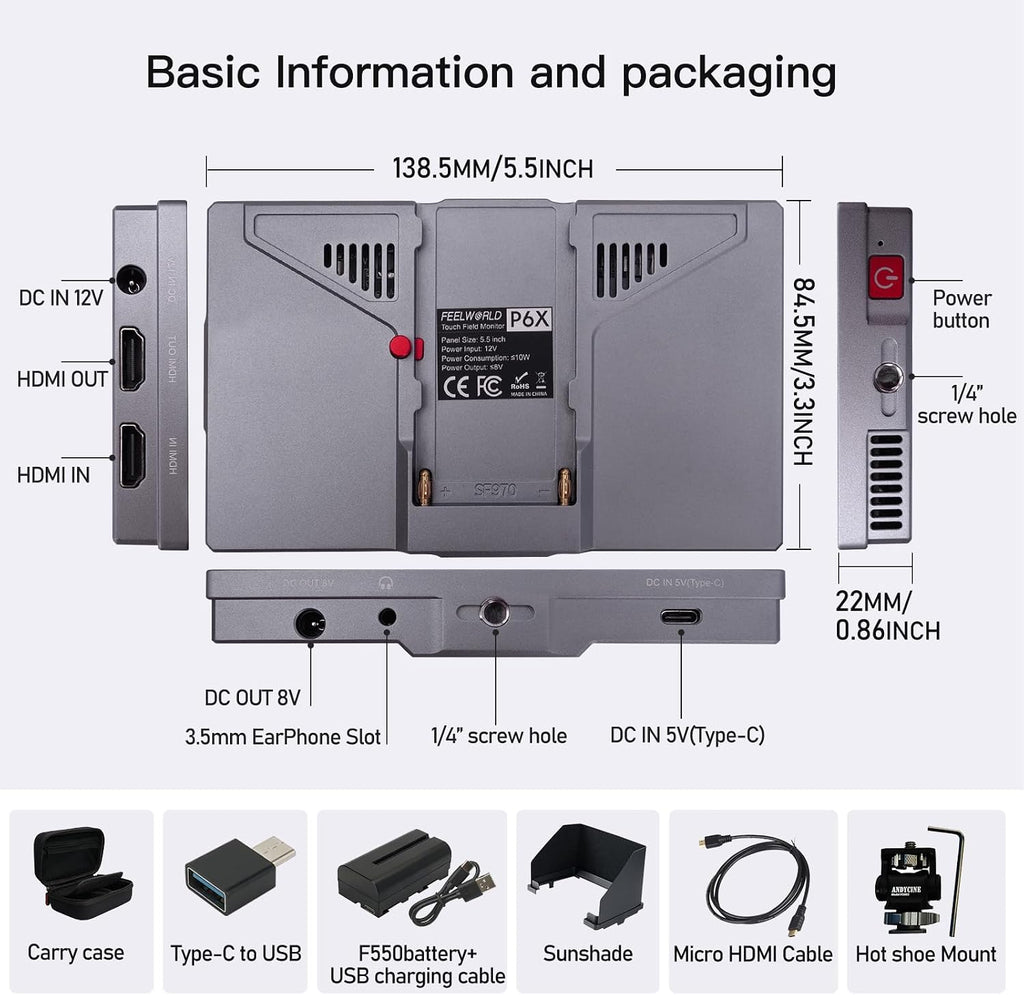 FEELWORLD P6X 5.5 - Inch Touchscreen Aluminium Portable Camera Field DSLR Monitor with 4K HDMI I/O, HDR, Waveform, 3D LUT, 2200mAh Battery, and Carry Case Included