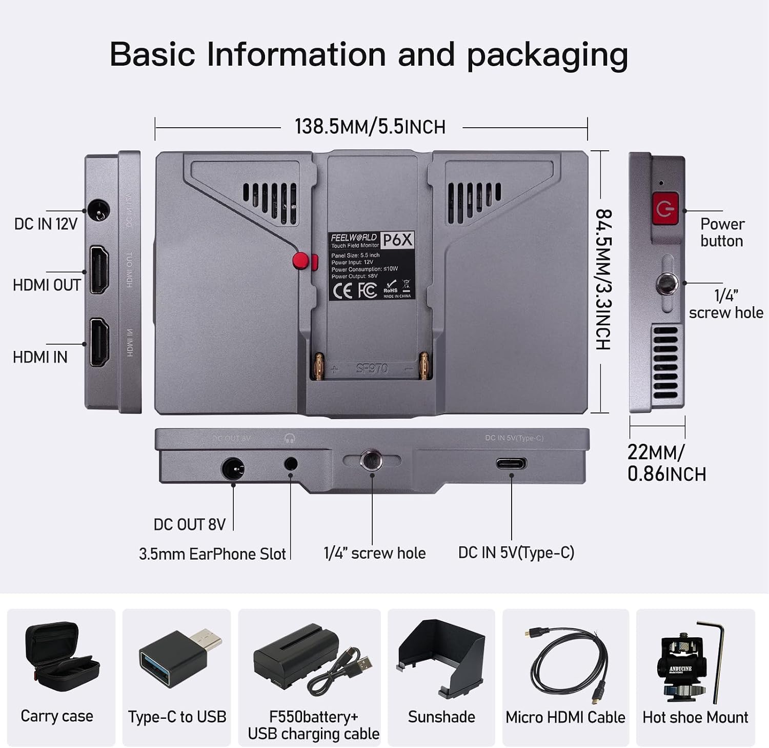 FEELWORLD P6X 5.5 - Inch Touchscreen Aluminium Portable Camera Field DSLR Monitor with 4K HDMI I/O, HDR, Waveform, 3D LUT, 2200mAh Battery, and Carry Case Included