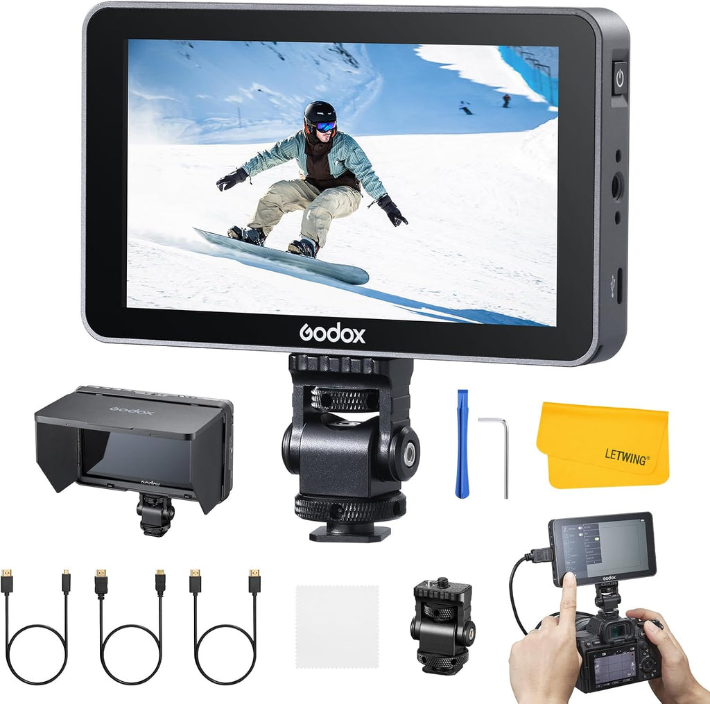 GODOX GM6S Pro 5.5inch Camera Field Monitor, 4K HDMI Camera Monitor, 2000nit±10% Ultra Bright Video Monitors, 1920x1080 IPS Touch Screen, Input & Output 3D LUT, All-Metal Body, with Foldable Sunshade