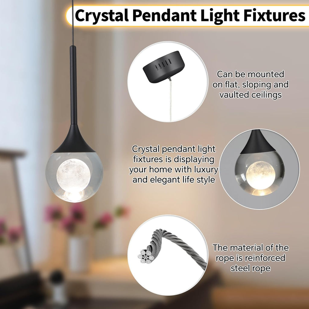 2 Pack Modern Crystal Moon Pendant Lights, Dimmable Natural White (3000K) LED Black Hanging Light Fixture for Kitchen Island, Dining Room, Bar, Bedroom