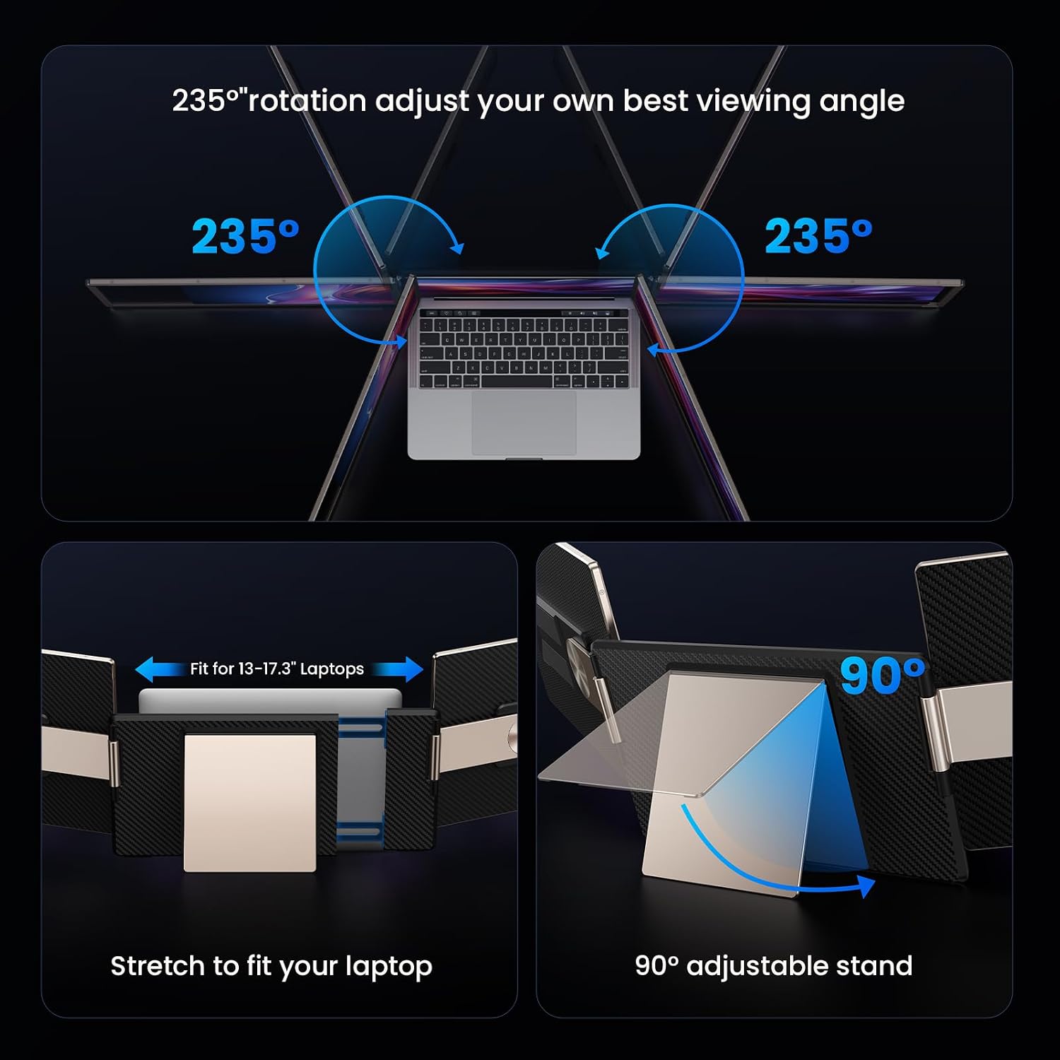 15.6' Laptop Screen Extender, 1080P FHD Laptop Monitor Extender, 235° Rotating Detachable Dual Monitor, Plug & Play Triple Screen for 13'-17.3' Laptops, Compatible with Mac/Windows/Android & Dex