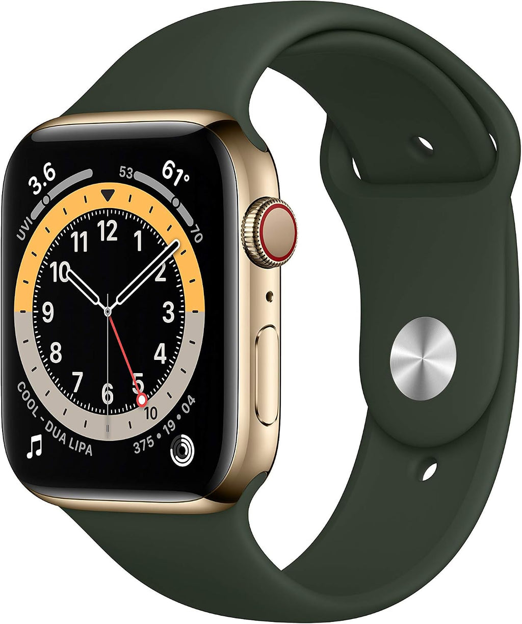 Apple Watch Series 6 (GPS + Cellular, 44mm) - Gold Stainless Steel Case with Cyprus Green Sport Band (Renewed)
