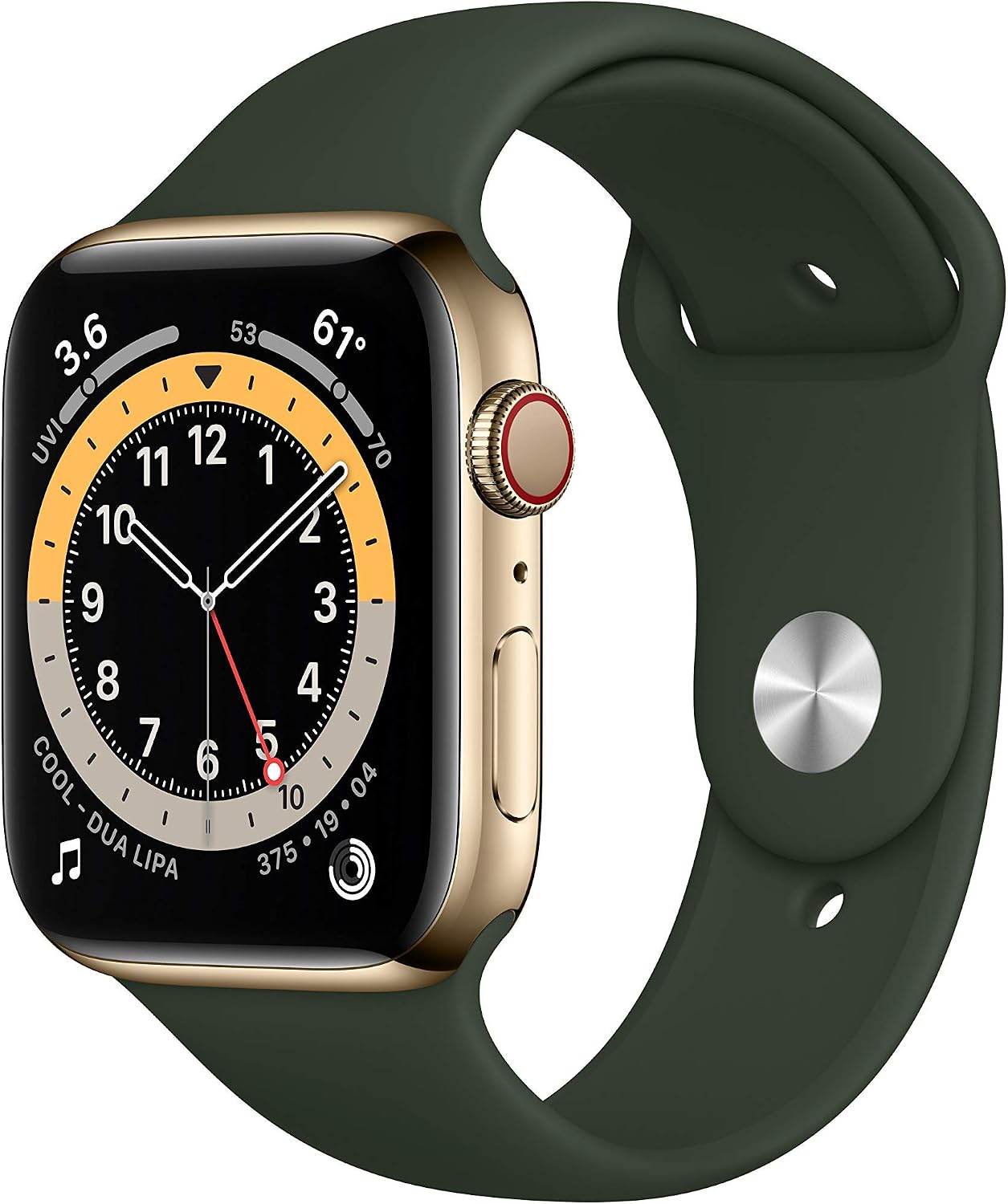 Apple Watch Series 6 (GPS + Cellular, 44mm) - Gold Stainless Steel Case with Cyprus Green Sport Band (Renewed)