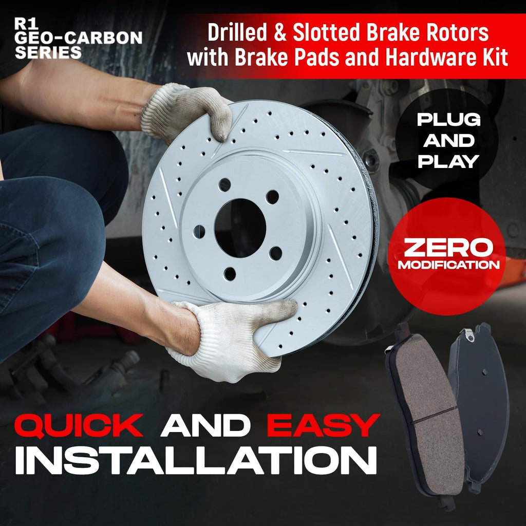 R1 Concepts Front Brake Kit Fits 2007-2010 Acura CSX; 2002-2006 Acura RSX; 2006-2011 Honda Civic| Euro Ceramic Brake Pads and Drilled Slotted Brake Rotors| 11.8' Front
