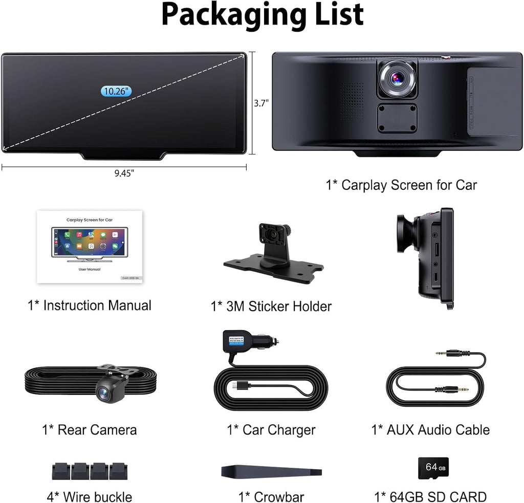 10.26' Wireless CarPlay Screen for Car: 4K Dash Cam & 1080P Backup Camera, Portable Touchscreen Car Stereo for Apple Carplay & Android Auto, GPS Navigation, Mirror Link BT FM Voice Control (ADAS)