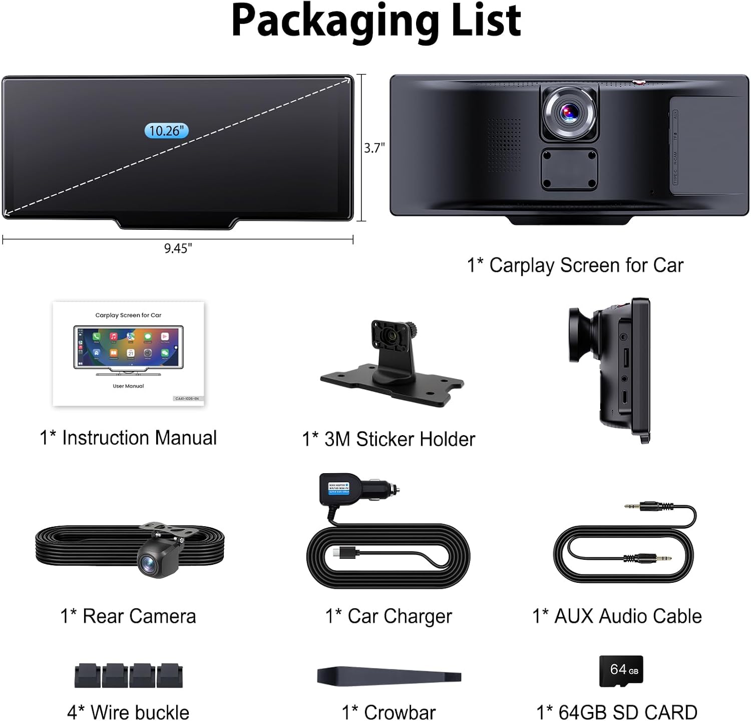 10.26' Wireless CarPlay Screen for Car: 4K Dash Cam & 1080P Backup Camera, Portable Touchscreen Car Stereo for Apple Carplay & Android Auto, GPS Navigation, Mirror Link BT FM Voice Control (ADAS)