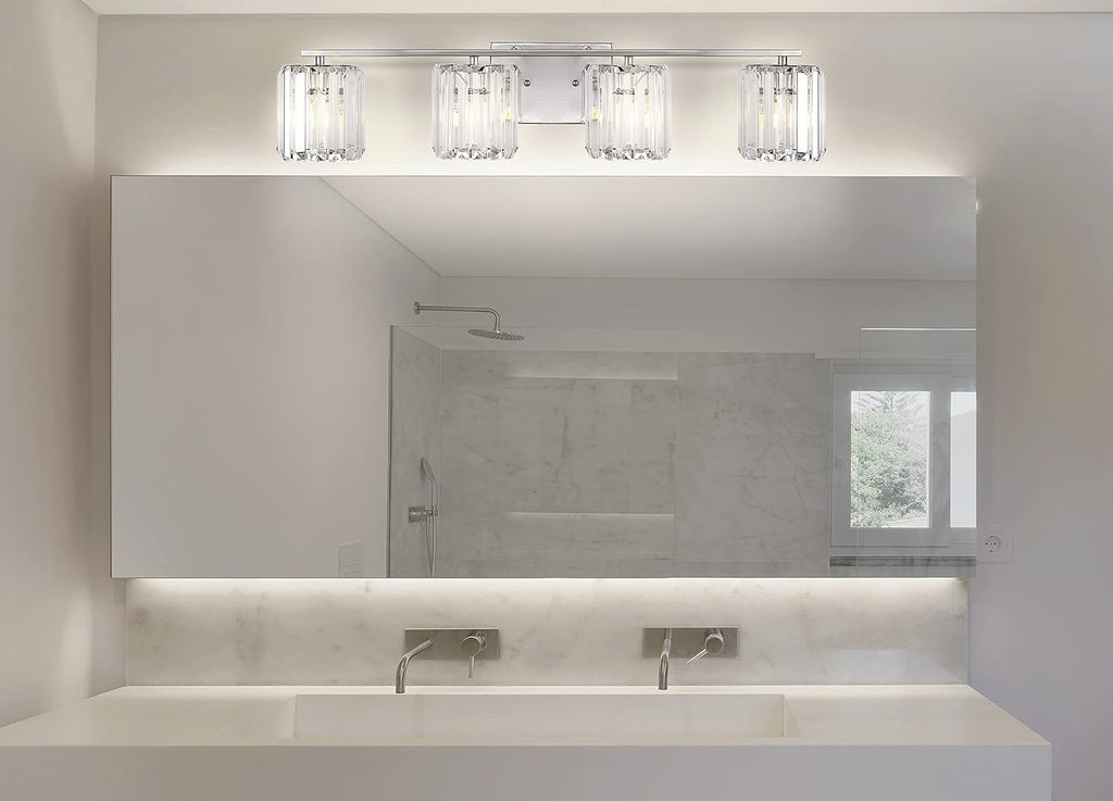 JONATHAN Y 4.75' Chrome 4-Light Vintage Glam LED Vanity Light Wall Sconce Fixture with Clear Crystal Prism Shade, Hardwired Wall Lamp for Bathroom Mirror Hallway, LED Bulb Included (JYL3555A)