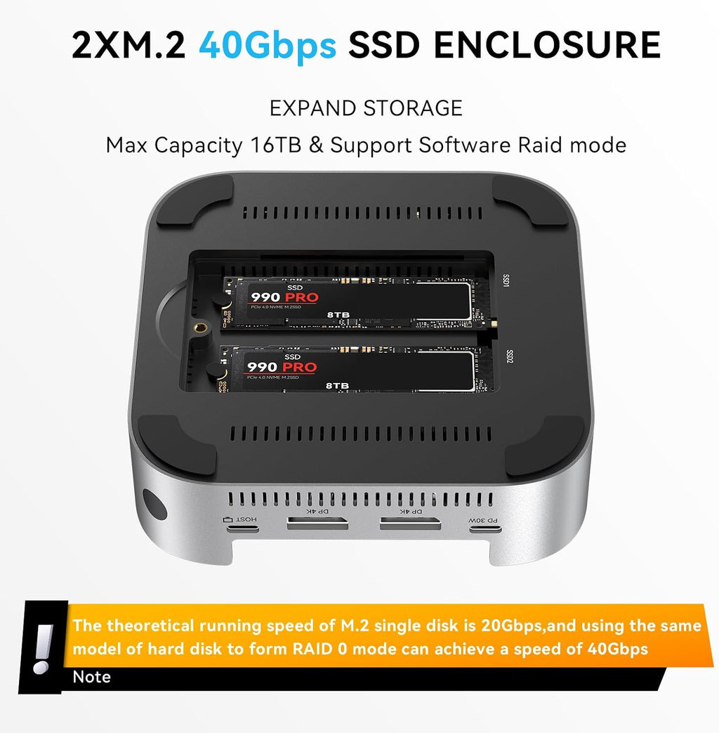 ACASIS 40Gbps Mac mini M4 Dock & Stand with Dual-Bay NVMe SSD Enclosure, Aluminum DP Hub for Mac mini M4 and M4 Pro 2024, 4K60Hz DP, 3X10G USB A, PD 30W, SD/TF 4.0, Support Dual SSD B+M M-Key