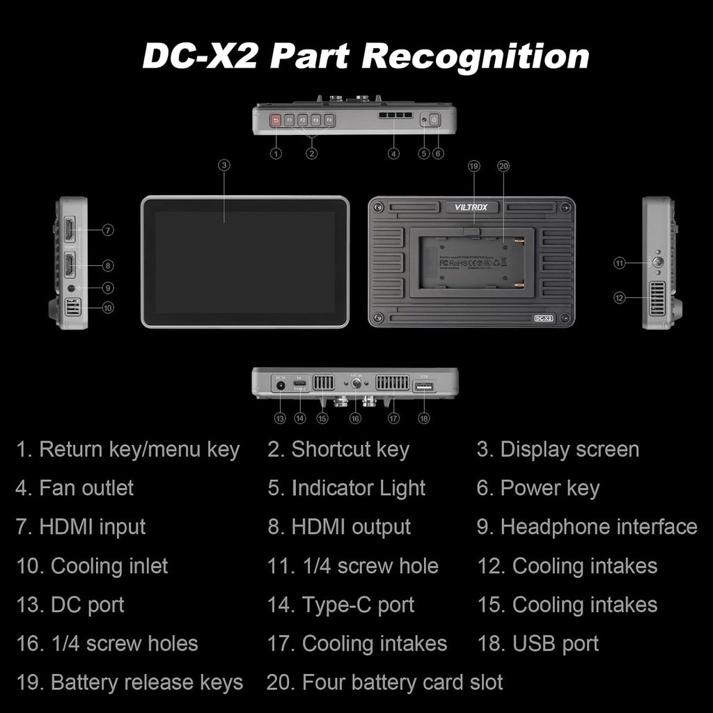 VILTROX DC-X2 6' Camera Field Monitors DCX2 for DSLR Touchscreen External Monitor 4k 2000nits X2 Monitor for Sony Canon Nikon 3D LUT 1920x1080 IPS with Sunshield 2200 MAh Battery