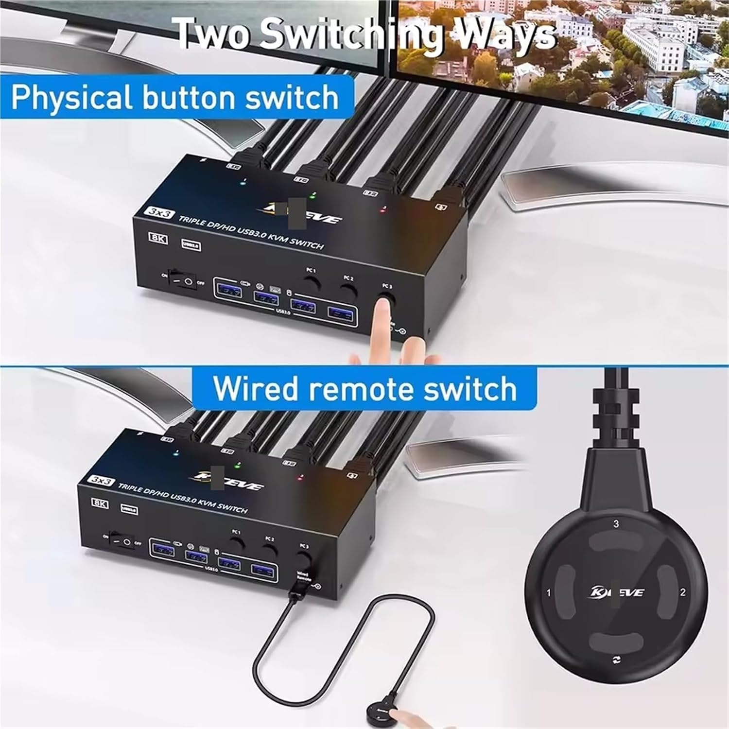 KVM Switch 3 Monitors 3 Computers 8K@60Hz 4K@144Hz, HDMI+2 Displayport KVM Switch Triple Monitor for 3 Computer Share 3 Monitor(US Plug)
