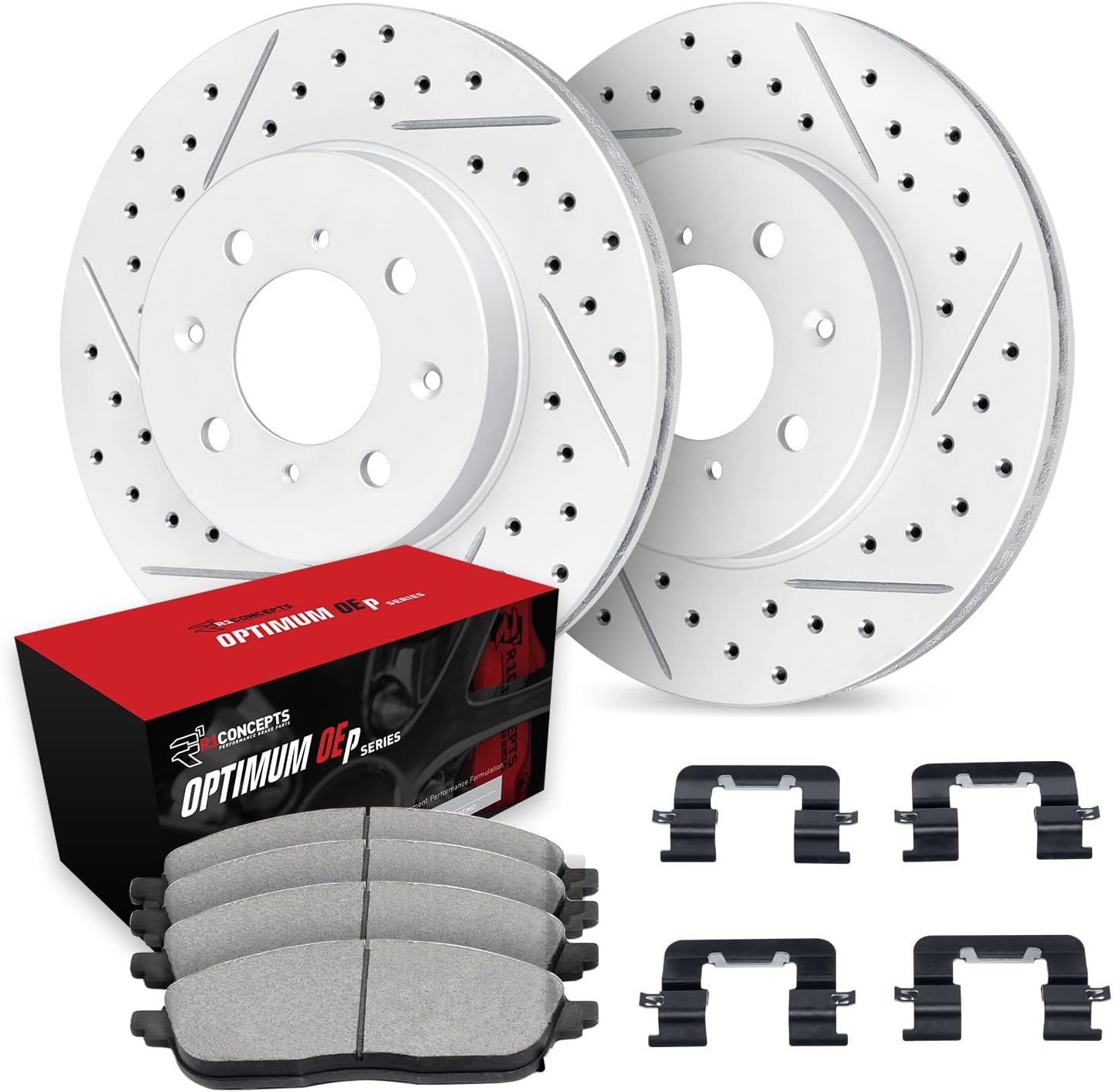 R1 Concepts Front Brake Kit Fits 2003-2005 Honda Civic Hybrid Sedan; 2007-2008 Honda Fit; 2007-2008 Honda Fit USA/CANADA| Optimum Oep Pads, Drilled Slotted Rotors| Hardware| 10.3' Front
