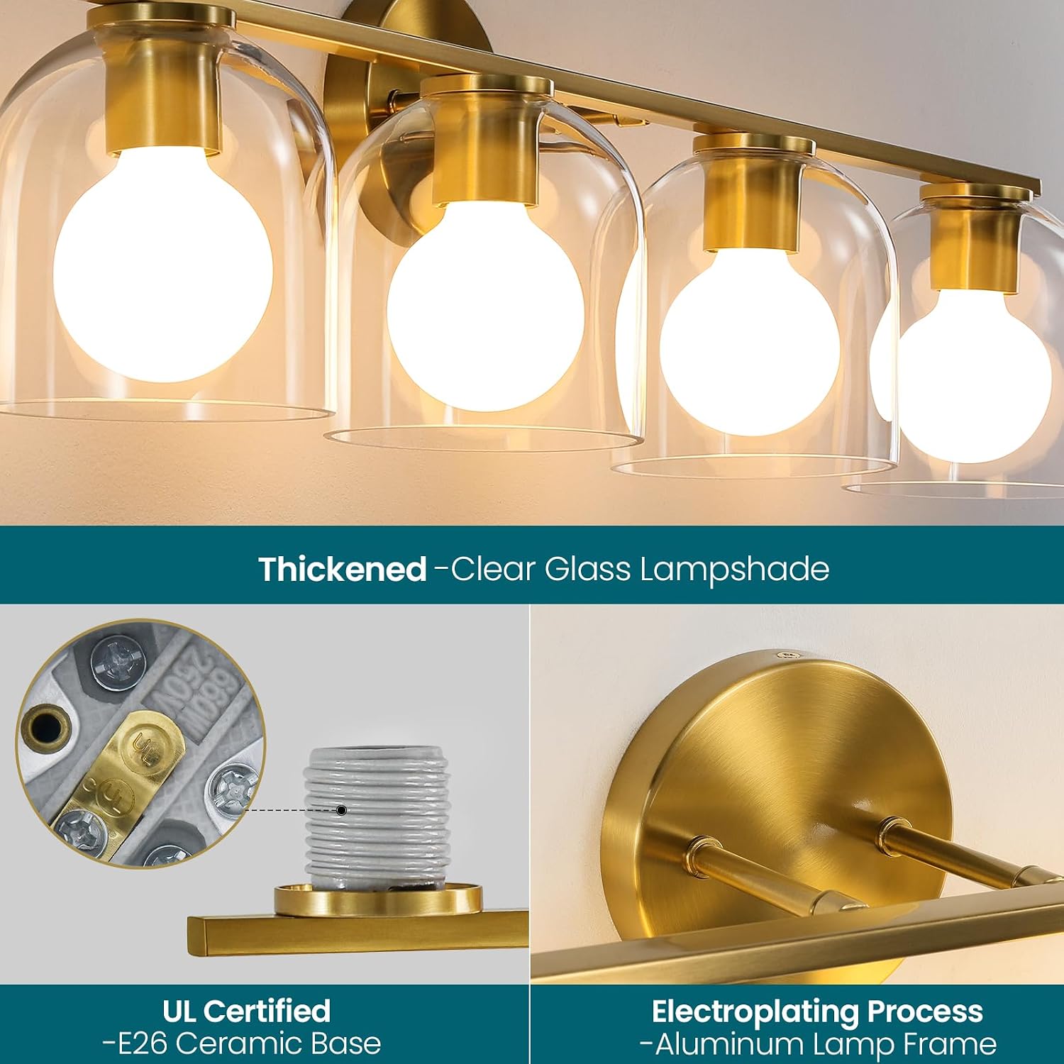 WOSHITU Bathroom Vanity Light Fixtures: 32.3 Inch Modern Brushed Gold Bathroom Light Fixtures Over Mirror with Clear Glass Shade, 4-Light Bathroom Lights Above Mirror