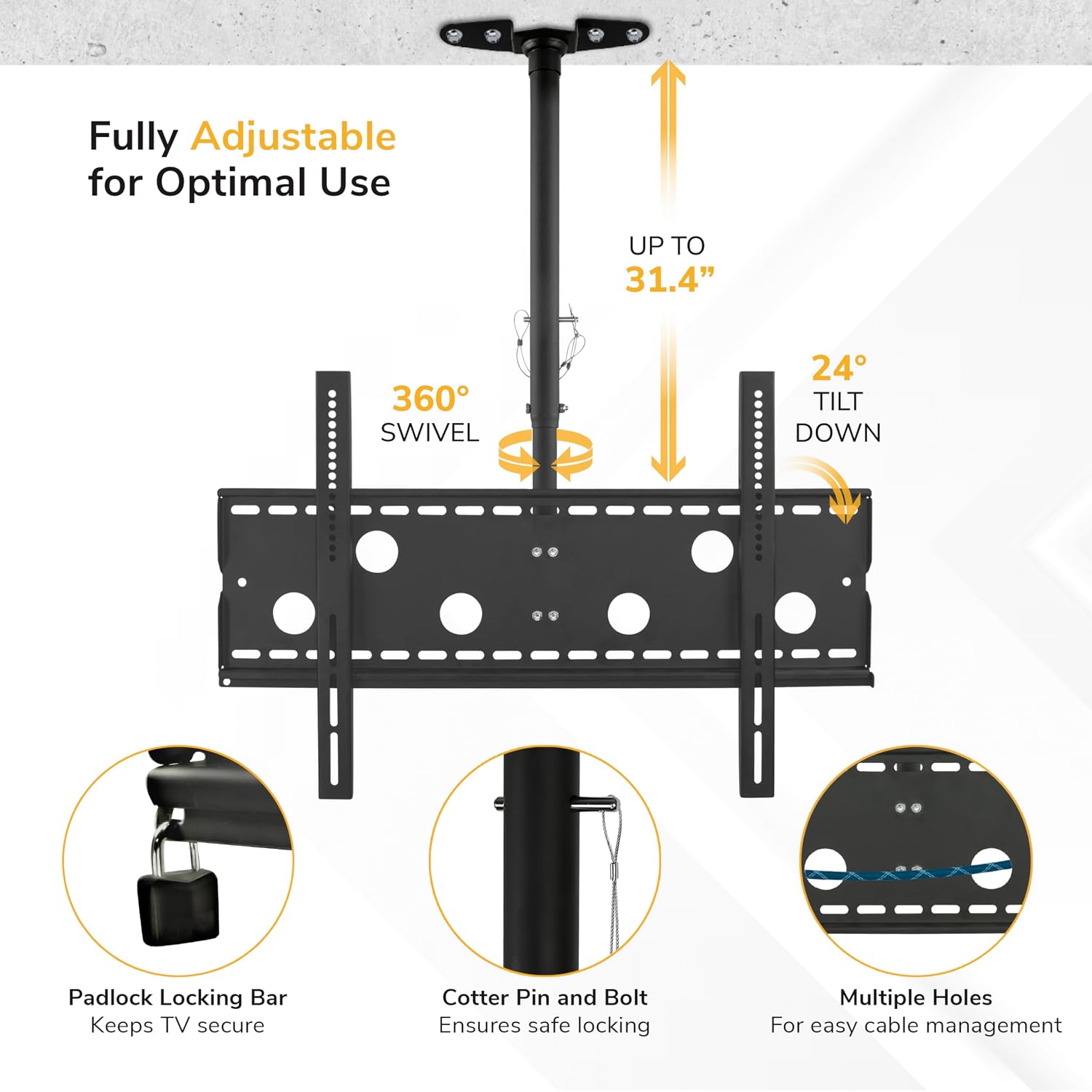 Mount-It! Ceiling TV Mount for 32–86 Inch TVs – Full Motion Swivel, Tilt & Height Adjustable Bracket – Heavy-Duty Steel, 175 lb Capacity, VESA 800x450 – Ideal for Home & Commercial Installations
