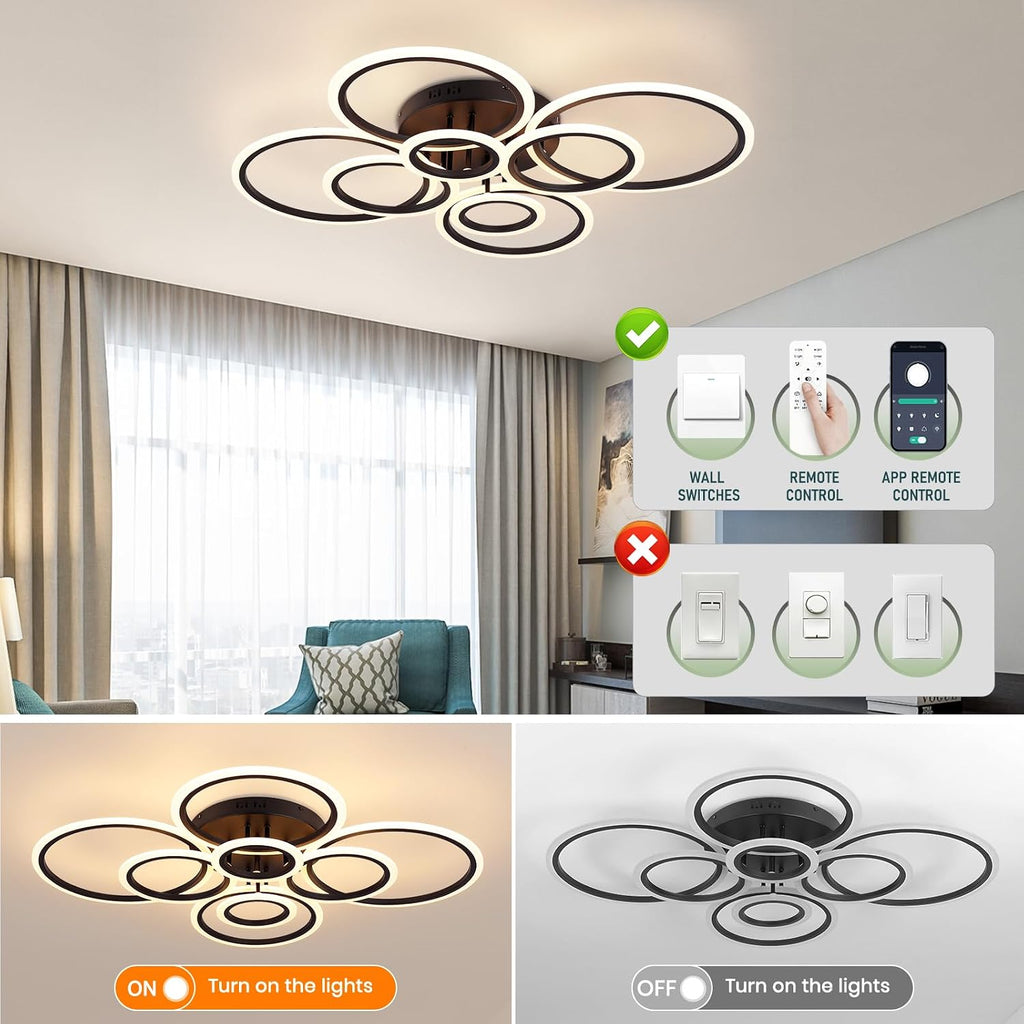 Modern Ceiling Light Fixture, 8 Rings Dimmable Flush Mount Ceiling Light with Remote, Acrylic Close to Ceiling Lighting Fixture for Living Room Bedroom Kitchen (Black, 8 Heads)