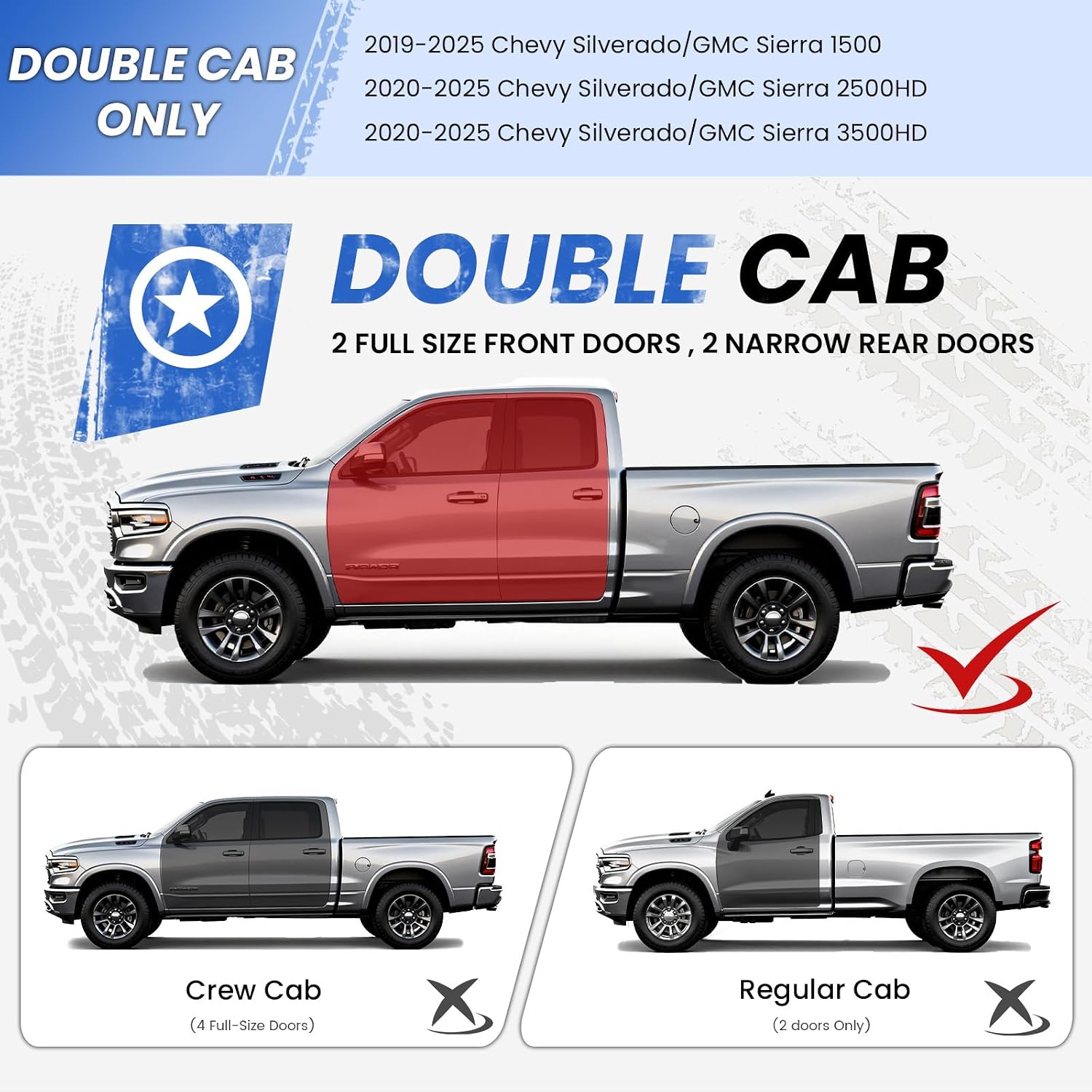 PZ 6' Running Boards Anti-Slip Side Steps Compatible with 2019-2025 Chevy Silverado/GMC Sierra 1500 Double Cab,2020-2025 for 2500HD 3500HD,500LBS No Drill Truck Running Boards Direct Fit Nerf Bar