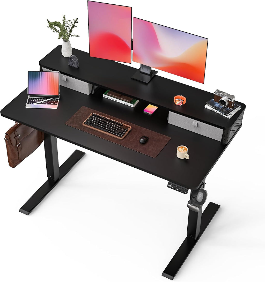 FiCiHi 48x24 Inch Standing Desk with Drawers, C-Clamp Mount Compatible, Electric Adjustable Height Computer Stand Up Desks, Home Office Sit Stand Table with 3 Preset Heights, Black