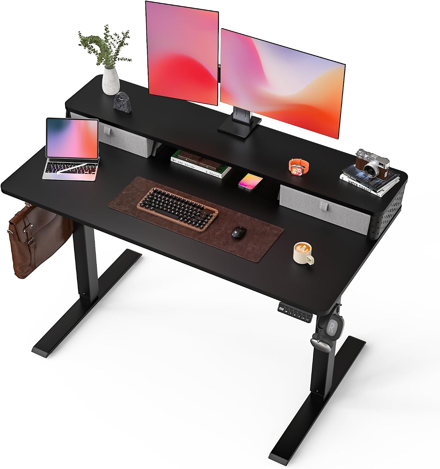 FiCiHi 48x24 Inch Standing Desk with Drawers, C-Clamp Mount Compatible, Electric Adjustable Height Computer Stand Up Desks, Home Office Sit Stand Table with 3 Preset Heights, Black