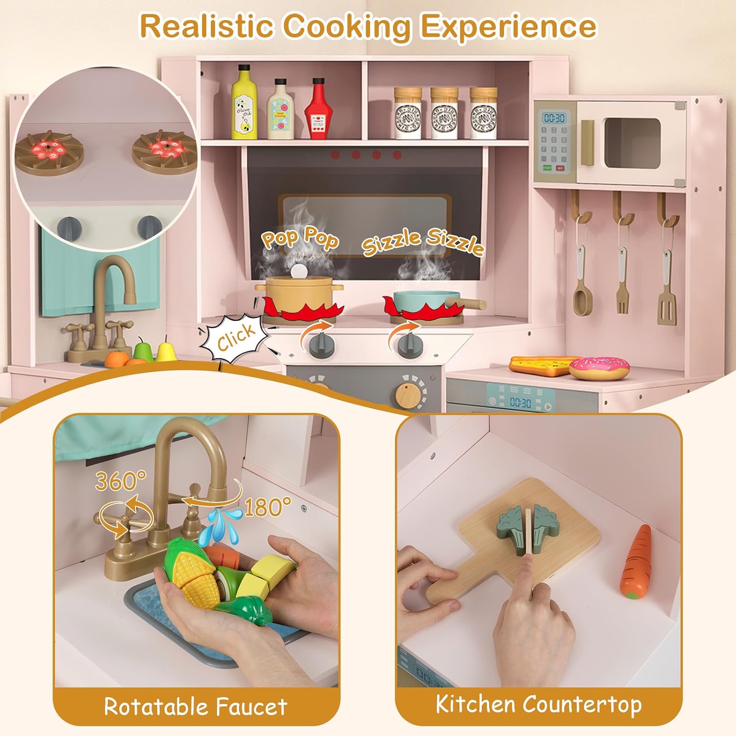 GLACER Corner Wooden Play Kitchen with Real Lights & Sounds, Pretend Kids Kitchen Playset with Trash Bin, Accessories, Dishwasher, Microwave Oven, Cooking Play Set for Toddlers Ages 3+ (Pink)