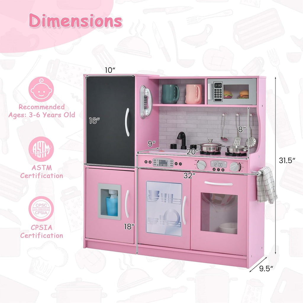 HONEY JOY Pink Kids Kitchen Playset, Wooden Little Chef Pretend Toy Kitchen Set w/Chalkboard, Telephone, Utensils, Oven, Microwave, Sink, Play Kitchen for Toddlers, Gift for Boys Girls, Pink