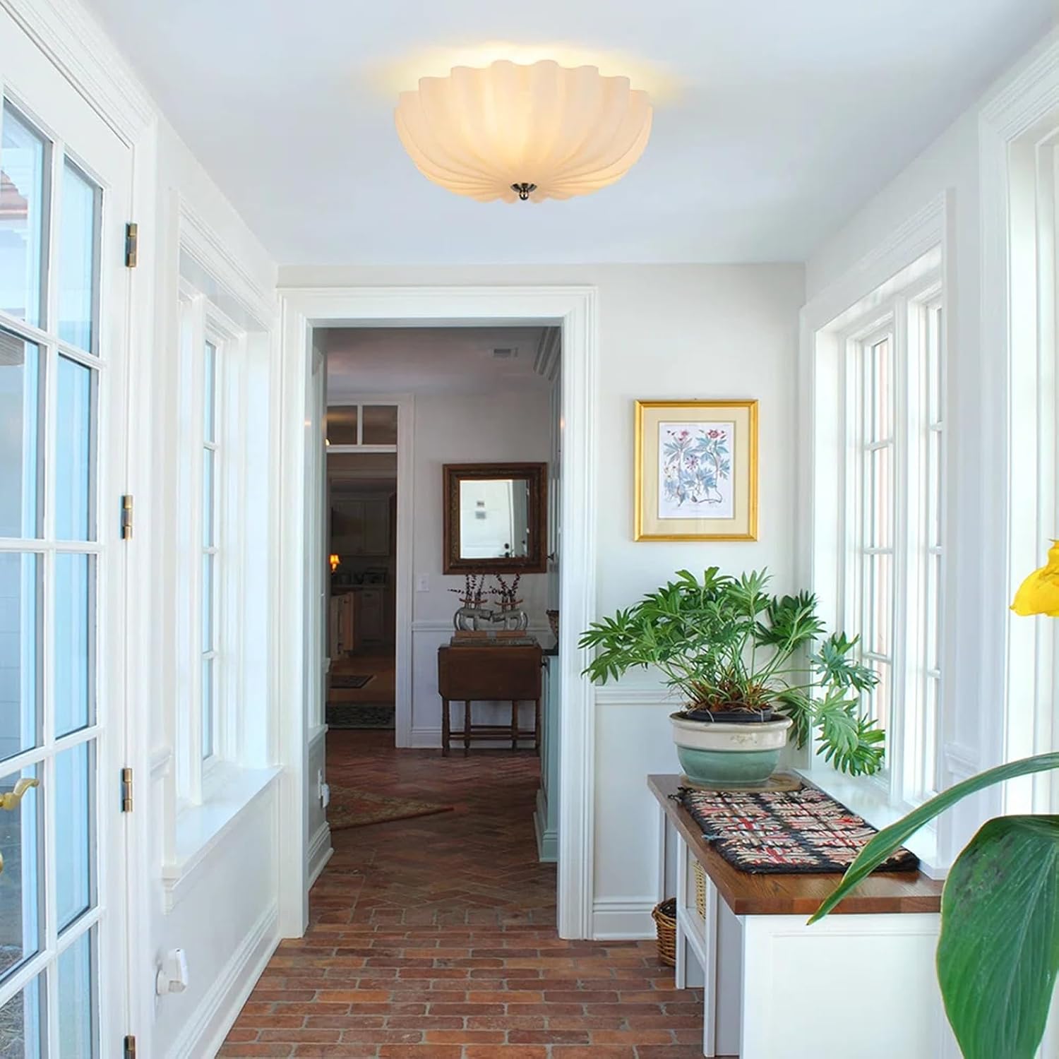 Mid Century Modern Flush Mount Ceiling Light with Milk White Glass Shade, White Flower Ceiling Lamp, 15.74inch Large LED Kitchen & Hallway Ceiling Light Fixture.