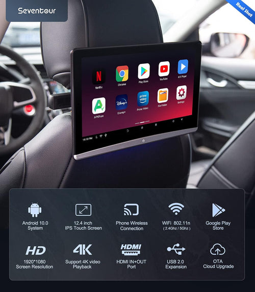 12.4 inch 4K Android Portable Car TV Headrest Monitor Tablet for Back seat, Support Phone Wireless Mirror Link Touch Screen,with WiFi/Bluetooth/HDMI/USB/FM/Airplay Video Player 2G ram+16G ROM(1*pcs)
