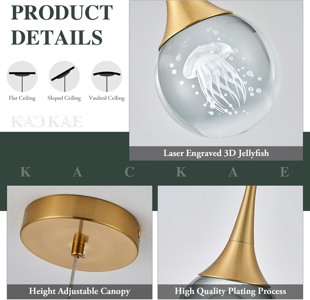 LED Pendant Light Kitchen Island Jellyfish Crystal Pendant Lights Dimmable Gold Modern Hanging Light for Bedroom Bathroom Living Room 3000K Warm White, 3 Pack