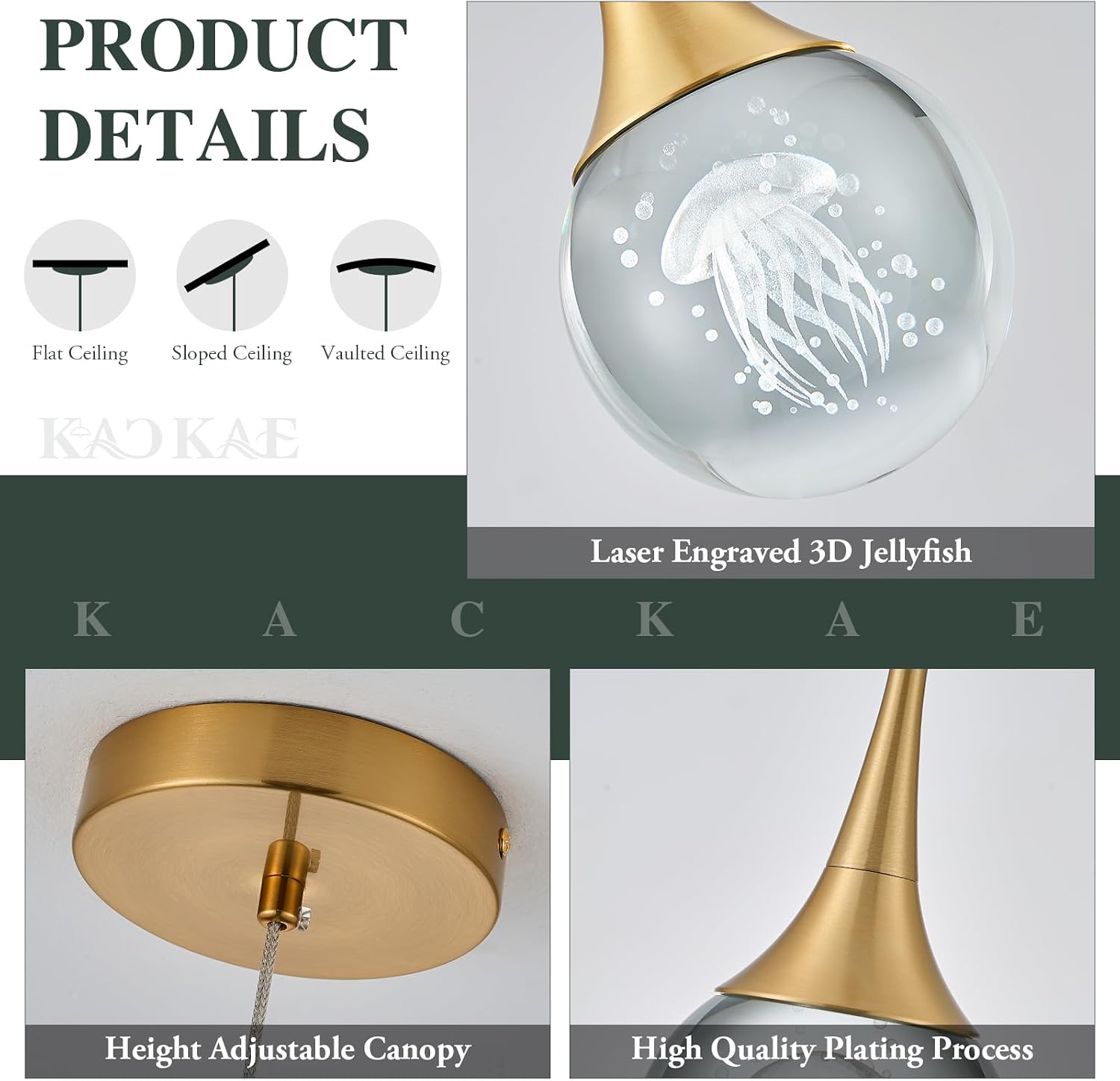 LED Pendant Light Kitchen Island Jellyfish Crystal Pendant Lights Dimmable Gold Modern Hanging Light for Bedroom Bathroom Living Room 3000K Warm White, 3 Pack