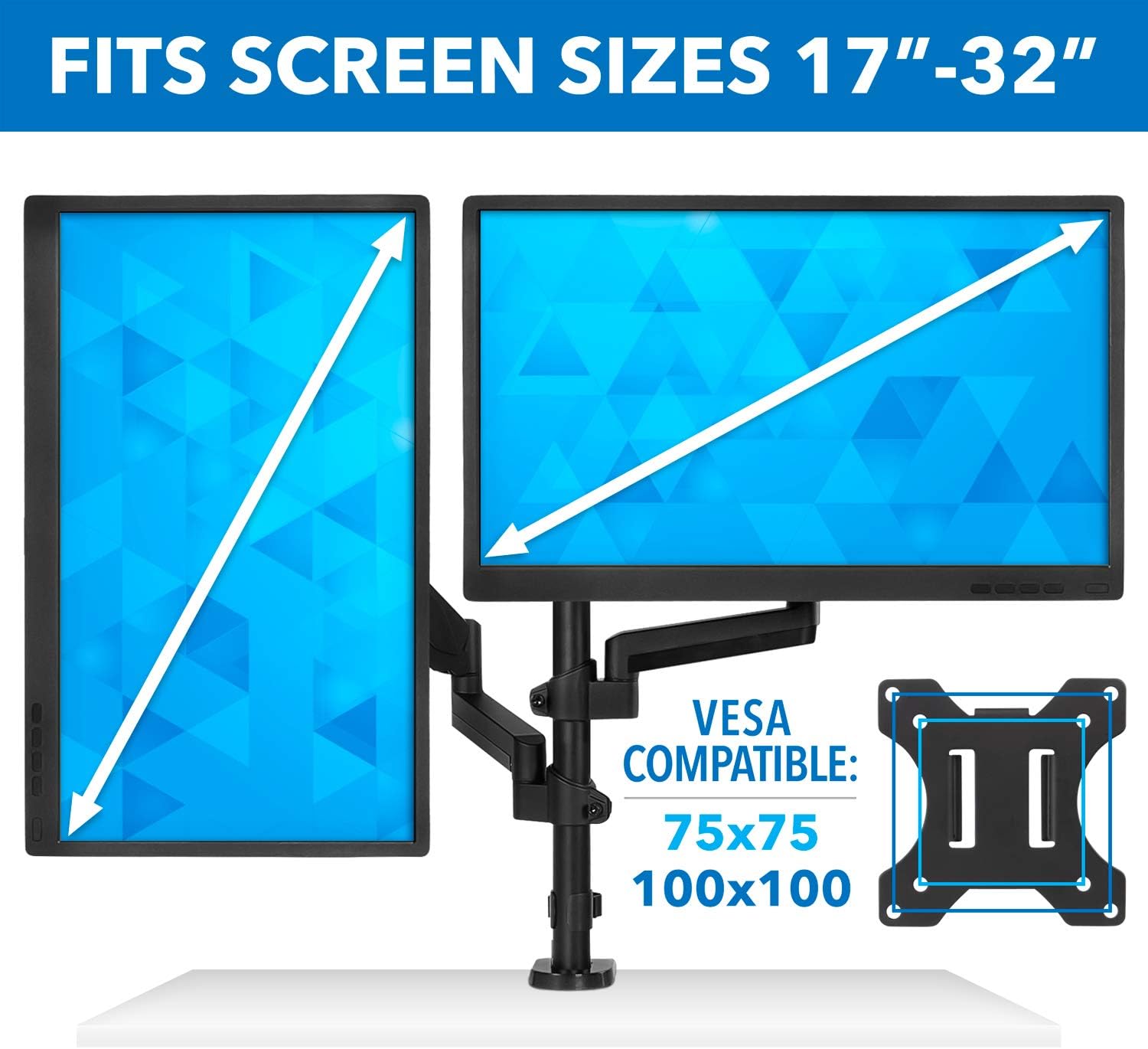 Mount-It! Dual Monitor Arm Desk Mount for 17–32' Screens, Gas Spring Adjustable Monitor Stand, Vertical Stack or Side-by-Side Setup, 17.6 lbs Each Arm, VESA 75x75 100x100, Clamp & Grommet Base MI-4762