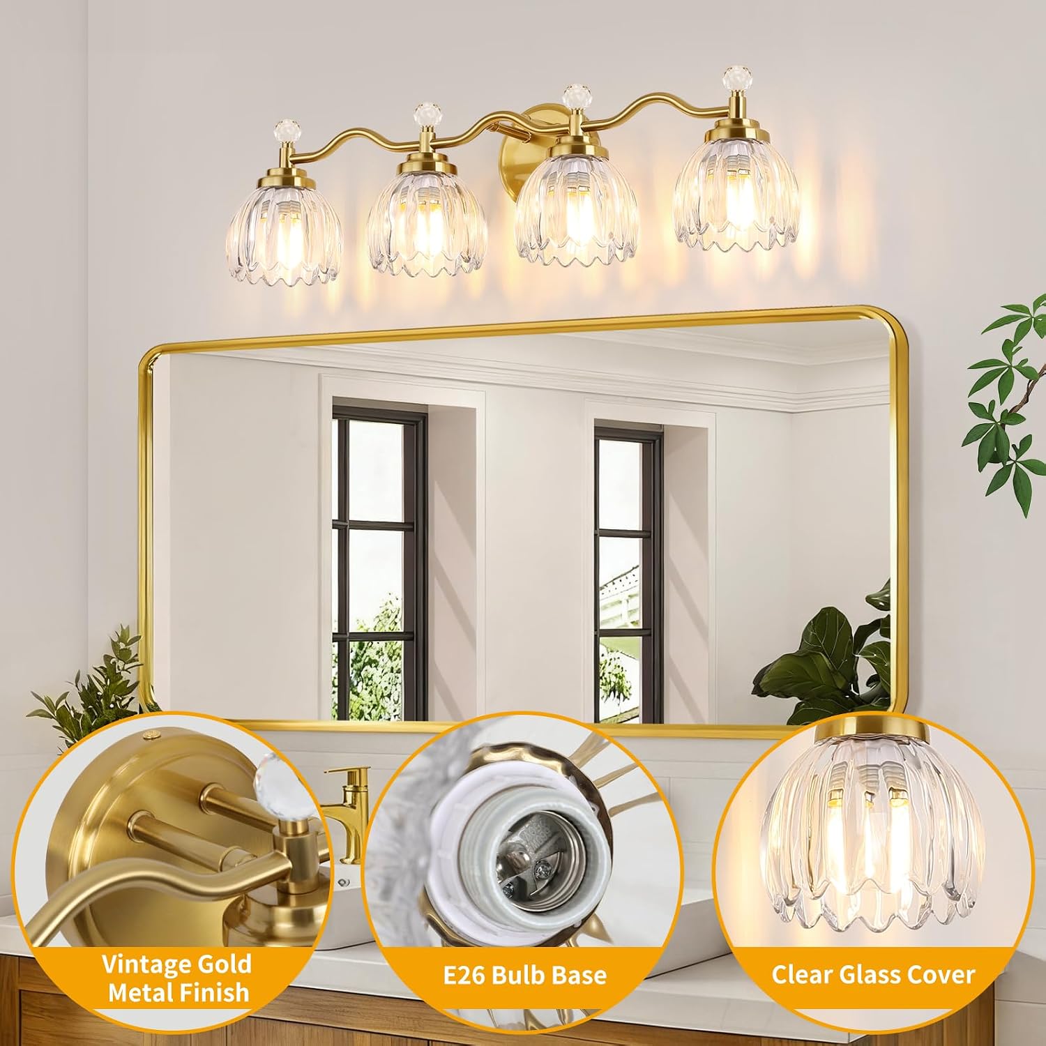 4-Light Bathroom Light Fixtures, Vanity Lights for Bathroom, Wall Lights for Mirror | Clear Glass Shade | Bulbs Not Included | Brushed Gold