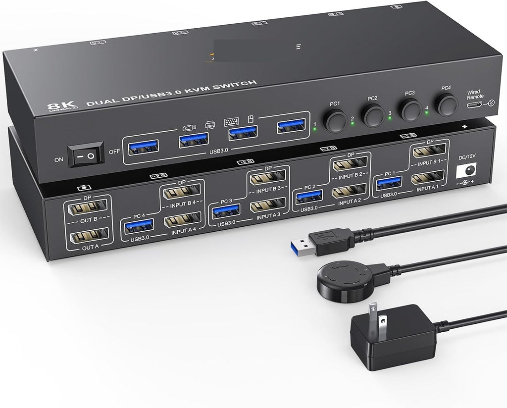 KVM Switch 4 Computer 2 Monitors Displayport USB 3.0 KVM Switcher Supports 4K@60Hz for 4 DP Computers Share 2 DP Monitors(US Plug)