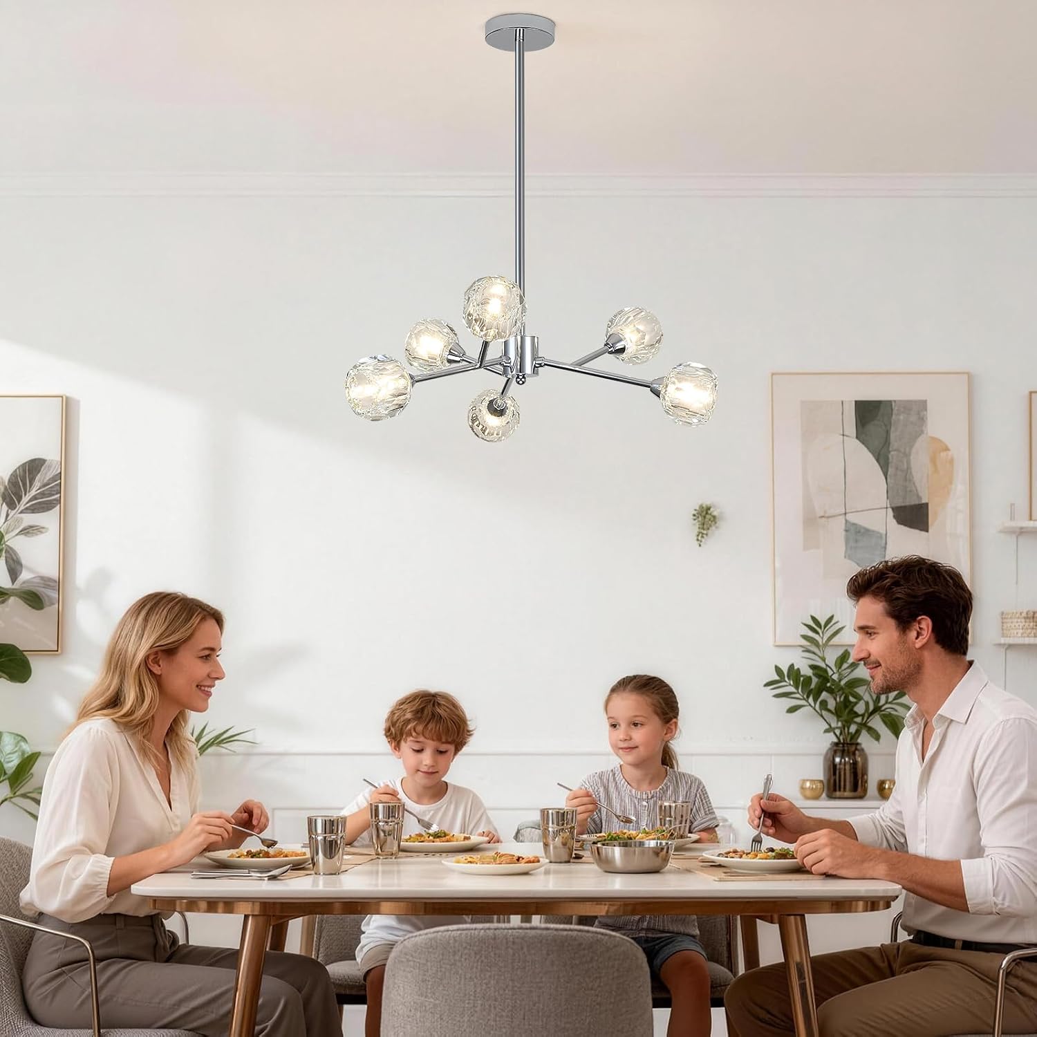 Weesalife Sputnik Chandeliers for Dining Room Light Fixture Over Table, Modern Crystal Chandeliers, 6 Lights Chrome Lighting Fixtures for Living Room Bedroom Kitchen Island