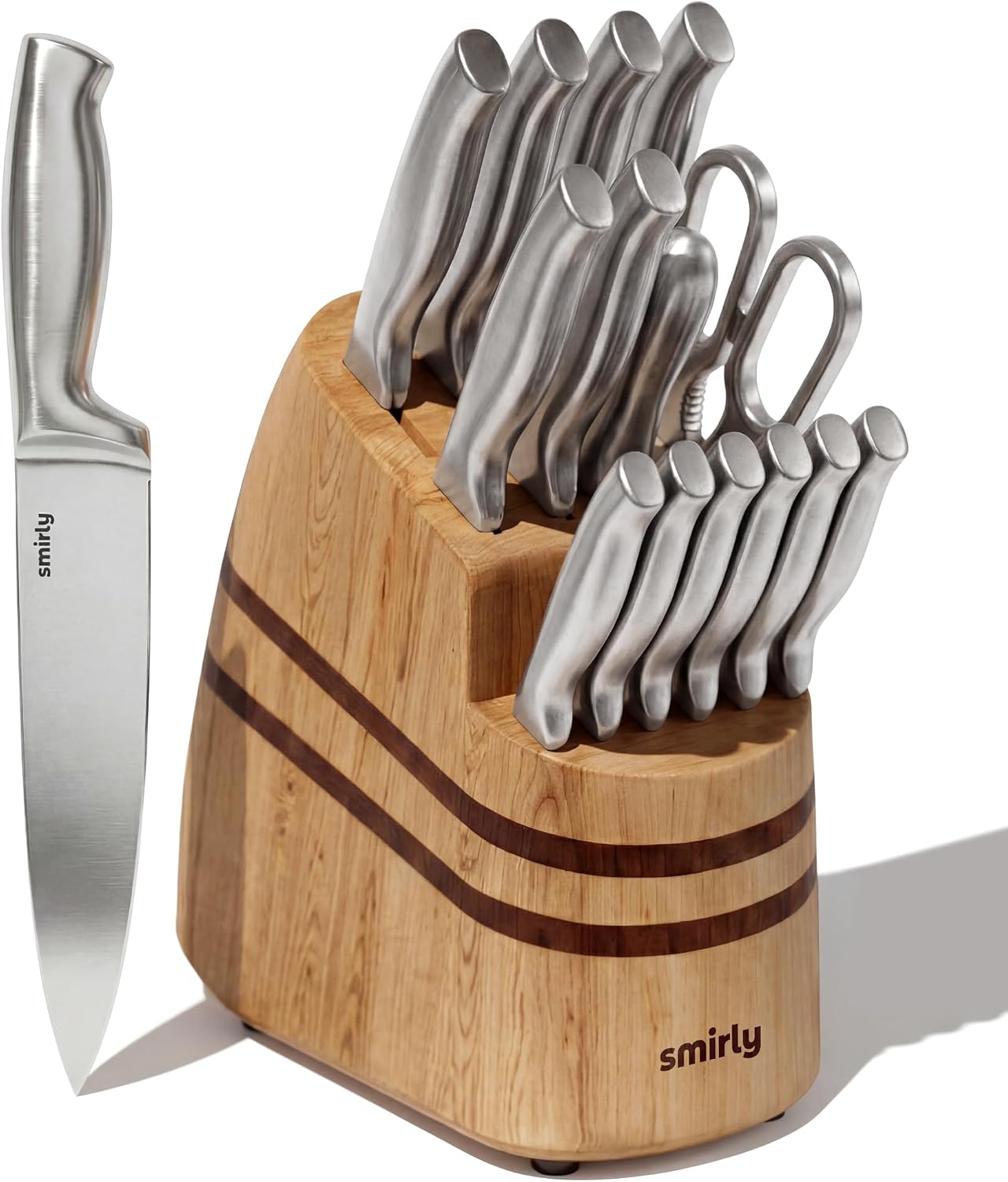 SMIRLY 15 Piece Knife Set with Block - Kitchen Knife Sets with Block and Sharpener - Heavy Duty Wooden Block with One-Piece Design Stainless Steel Knives Dishwasher Safe