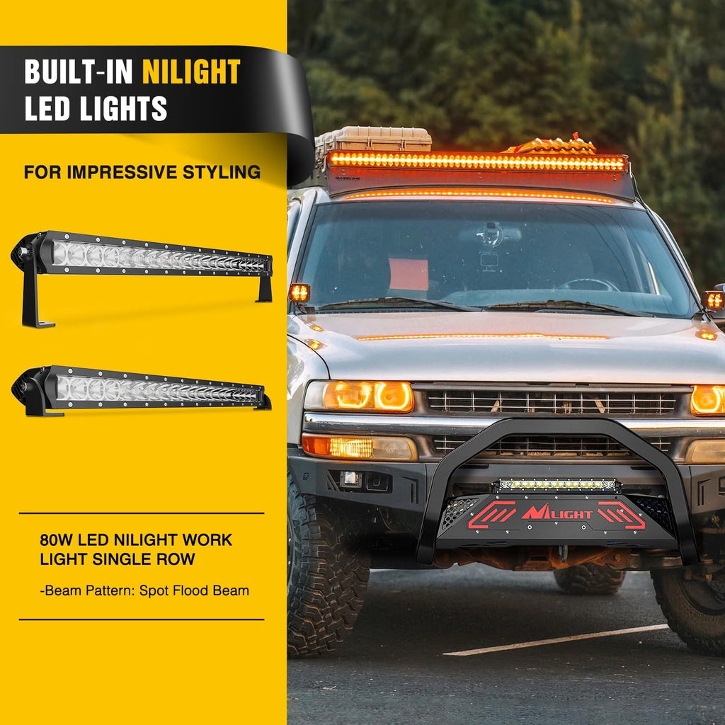 Nilight Bull Bar with Light fits 1999-2006 Chevy Silverado & GMC Sierra (07 Classic)/ 2000-2006 Suburban Tahoe & Yukon & XL / 2002-2006 Avalanche Front Bumper Grille Guard with Skid Plate Licence Hole