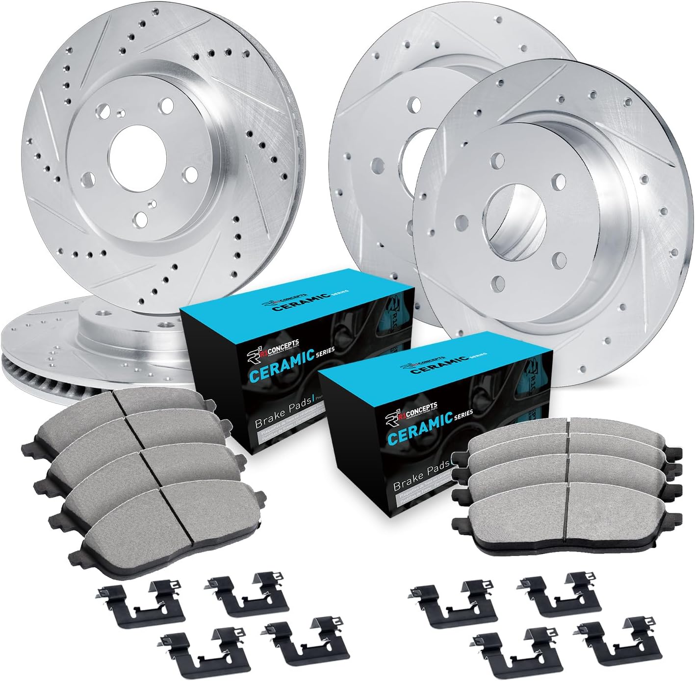 R1 Concepts Front and Rear Brake Kit Fits 2007-2010 Acura CSX; 2006-2011 Honda Civic| Ceramic Pads, Drilled Slotted Rotors| Hardware| 11.8' Front & 10.2' Rear