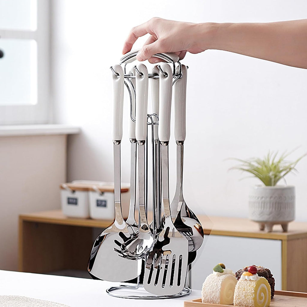 7 Pieces Metal Kitchen Utensils Set Kitchenware Cookware Set Mirror Polished 304 Stainless Steel Kitchen Cooking Utensils Set with Holder Heat Resistant Ceram,Pink