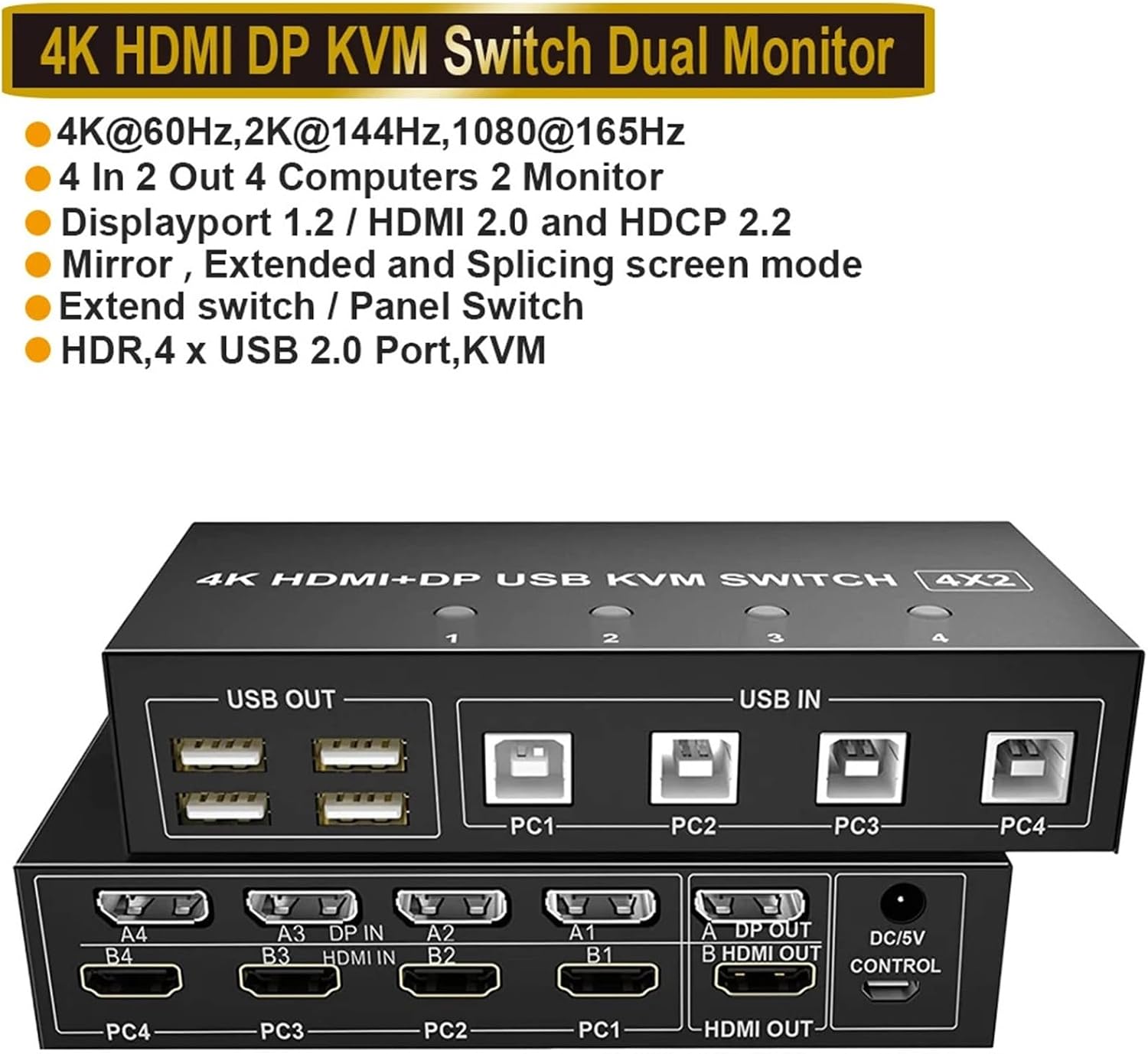 4 Port HDMI KVM Switch 4X2 Dual Monitor 4K@60Hz Extended Display DP USB KVM Switch 4 in 2 Out for 4 PC Share Keyboard Mouse(ZY-AH42D,UK Power Plug)