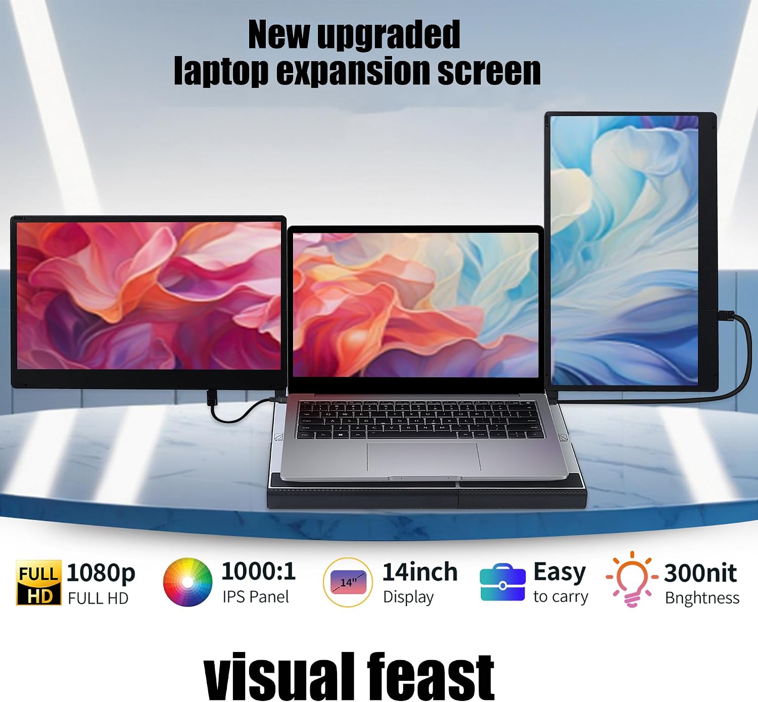 Laptop Screen Extender 14″ – Triple Portable Monitor with 360° Rotation, Detachable Dual Screens, Plug & Play External Display for Windows, Mac, Chrome, USB-C & HDMI Laptops