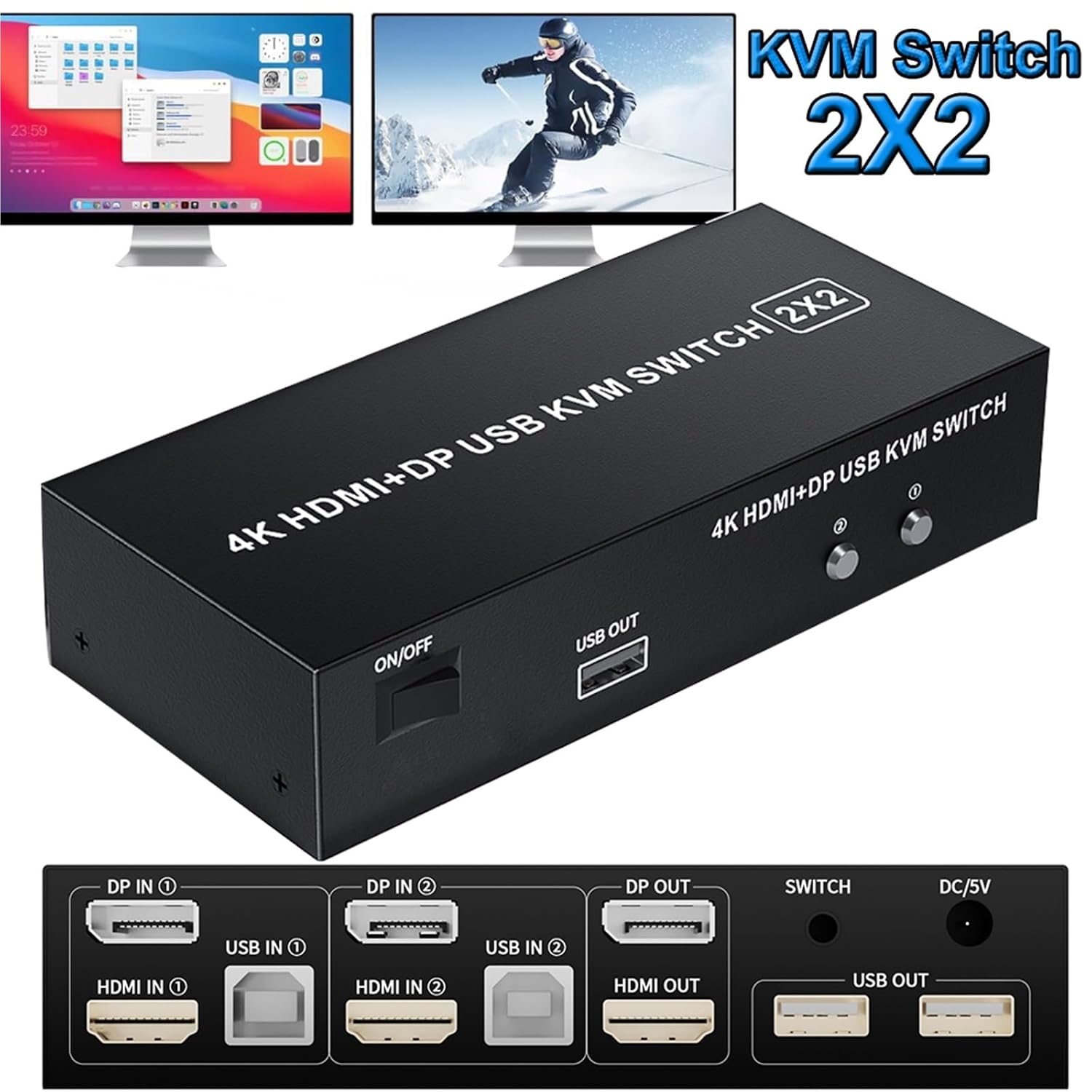 HDMI KVM Switch Dual Monitor 4K 60Hz 2X2 KVM Switch HDMI 2.0 USB DisplayPort for 2 Monitors Extended Mirror Mode(HDMI 2X2)