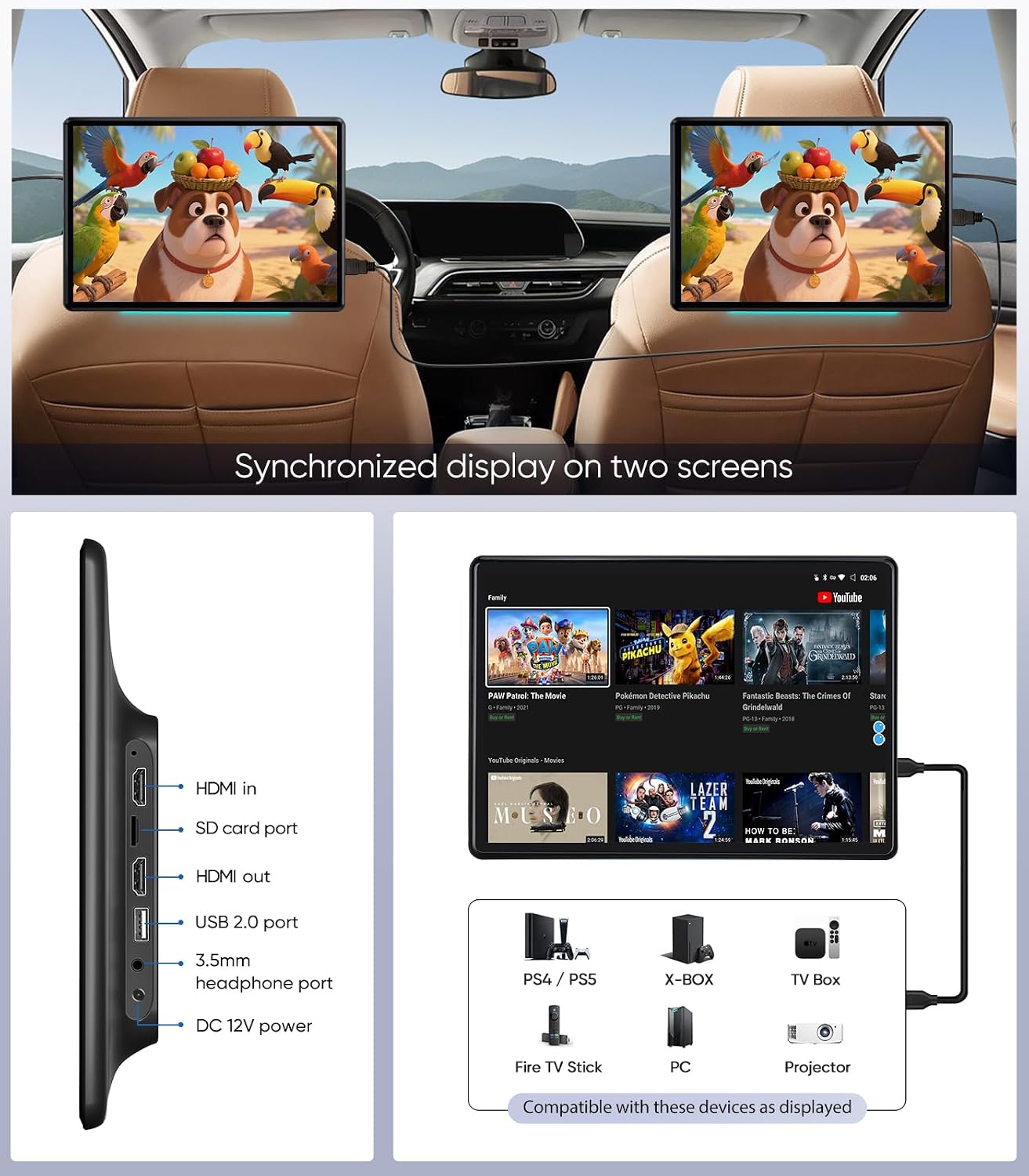 13.5' Android 13 Car Headrest Monitor-4G+64G 4K Car TV for Back Seat, Wireless Phone Mirroring, HDMI in/Out Sync, Bluetooth FM WiFi, Rear Seat Entertainment System (1-Pack)